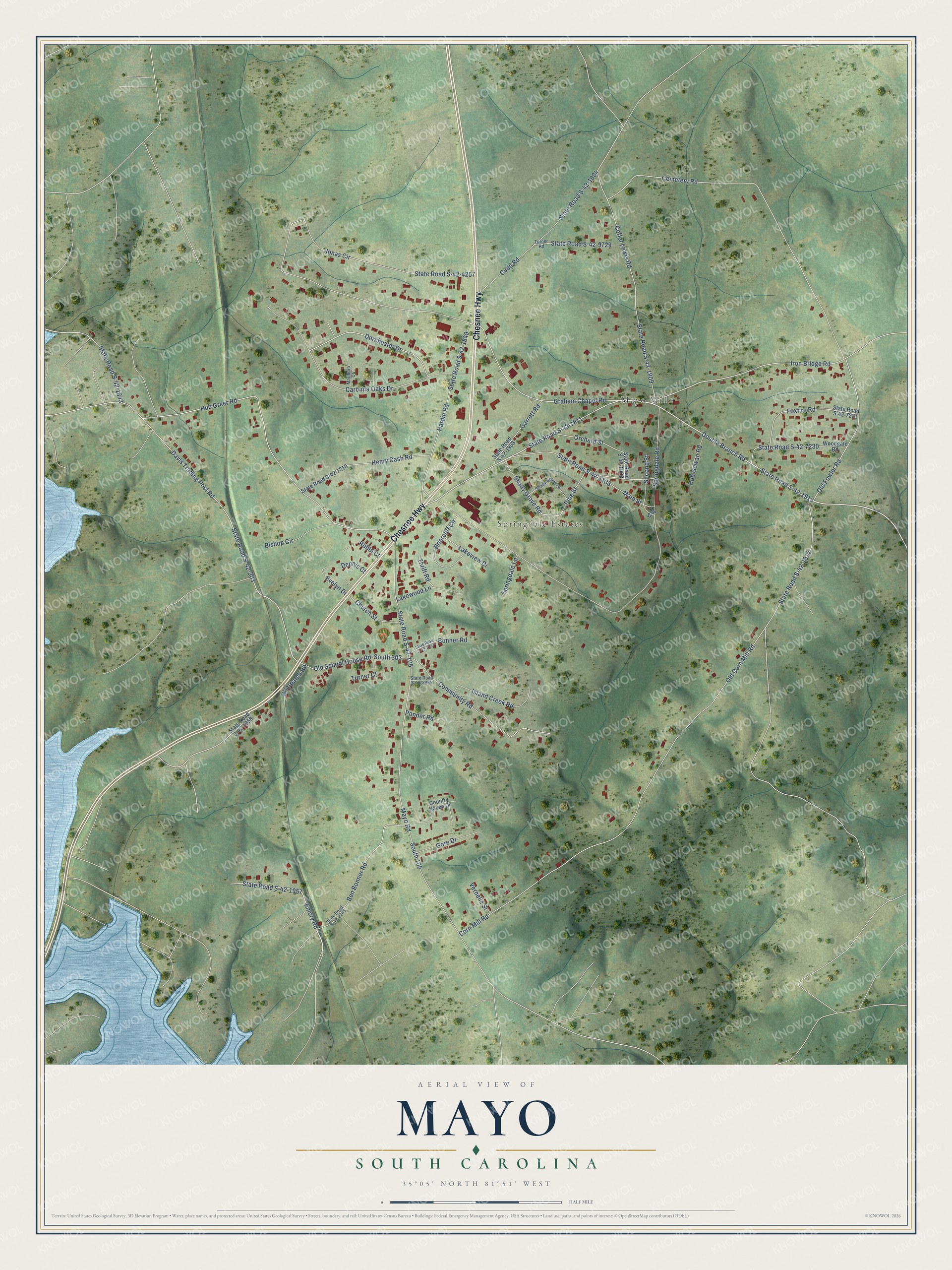 Full map of Mayo, South Carolina, with red buildings, printed street names and the land around them