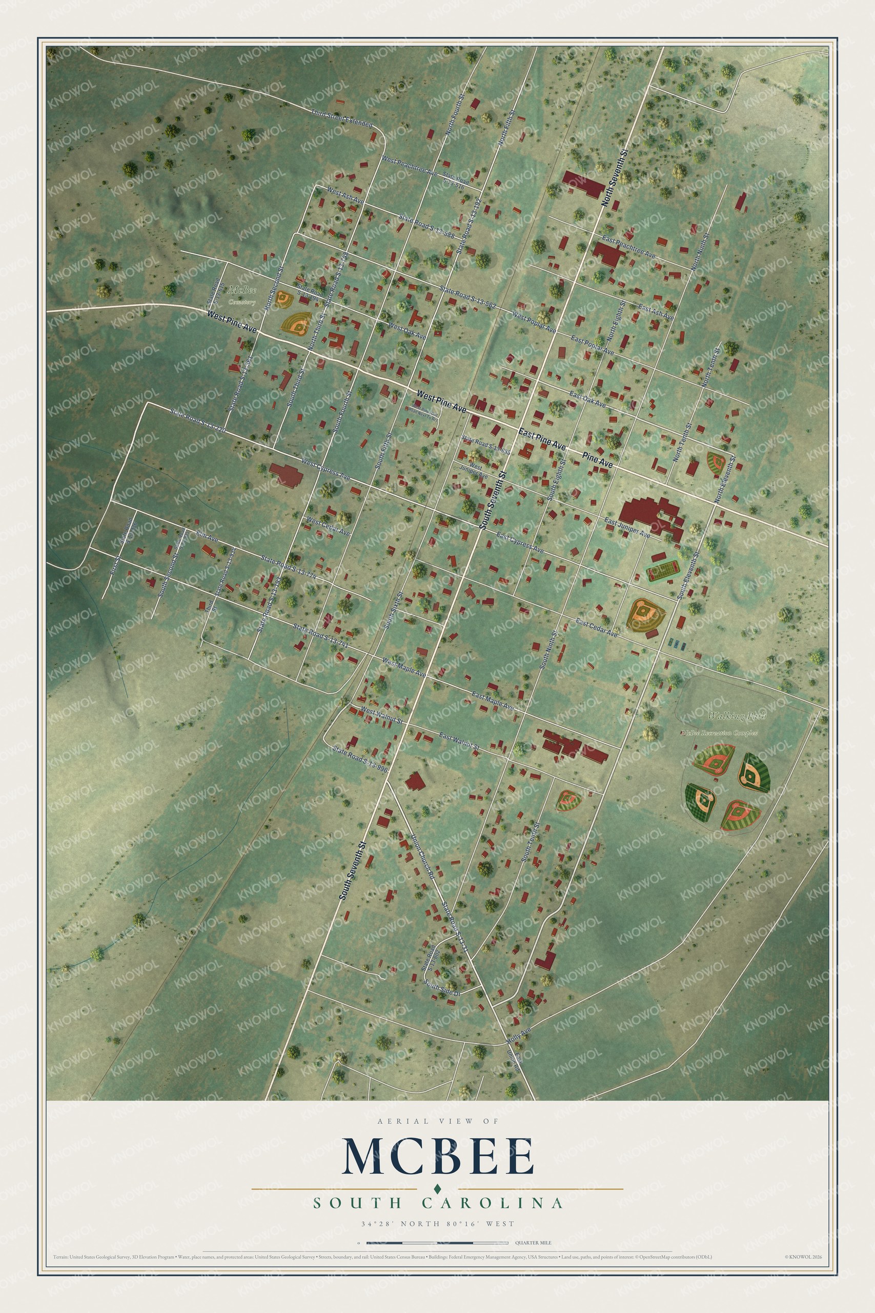 Full map of McBee, South Carolina, with red buildings, printed street names and the land around them