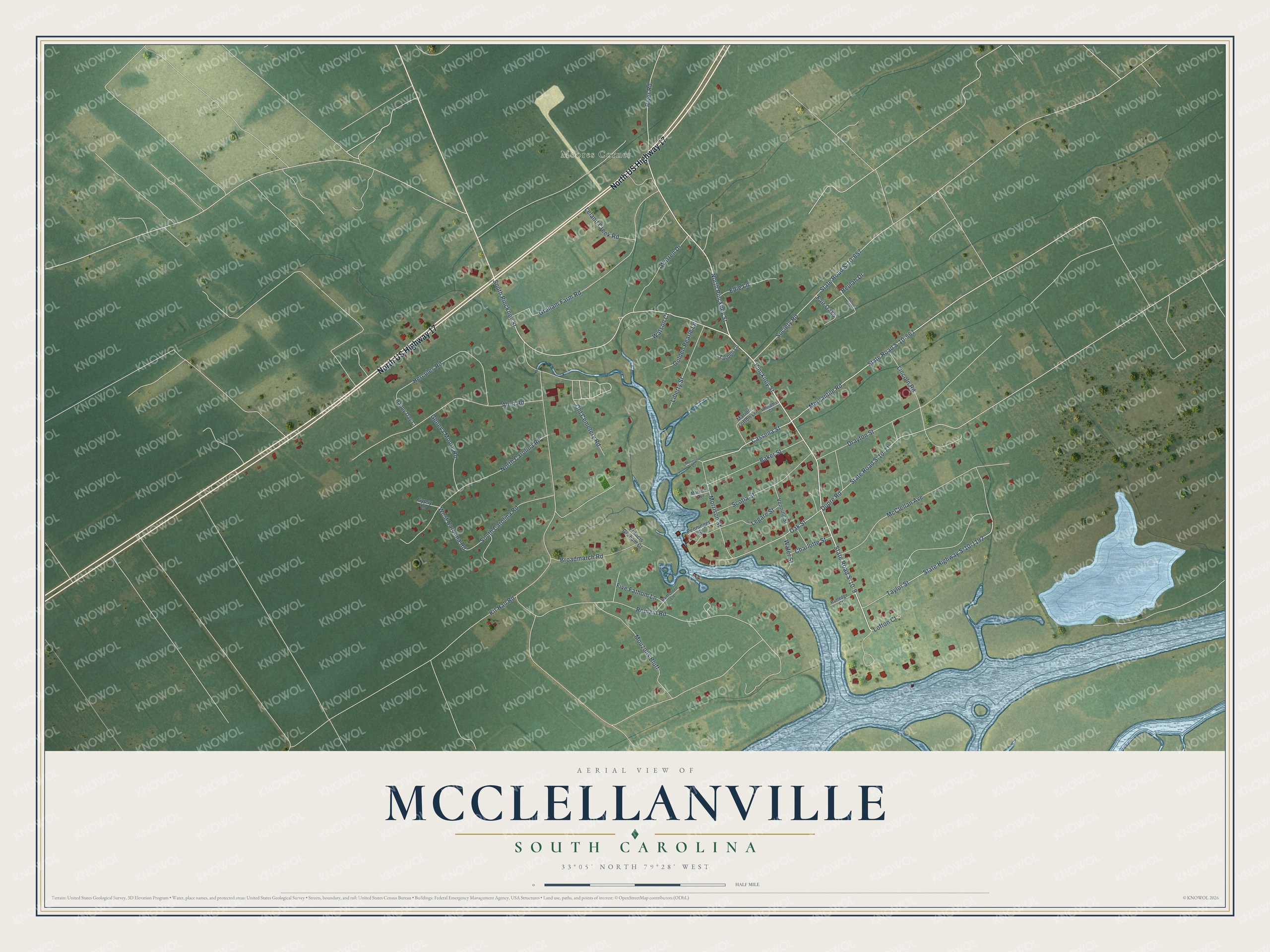 Full map of McClellanville, South Carolina, with red buildings, printed street names and the land around them