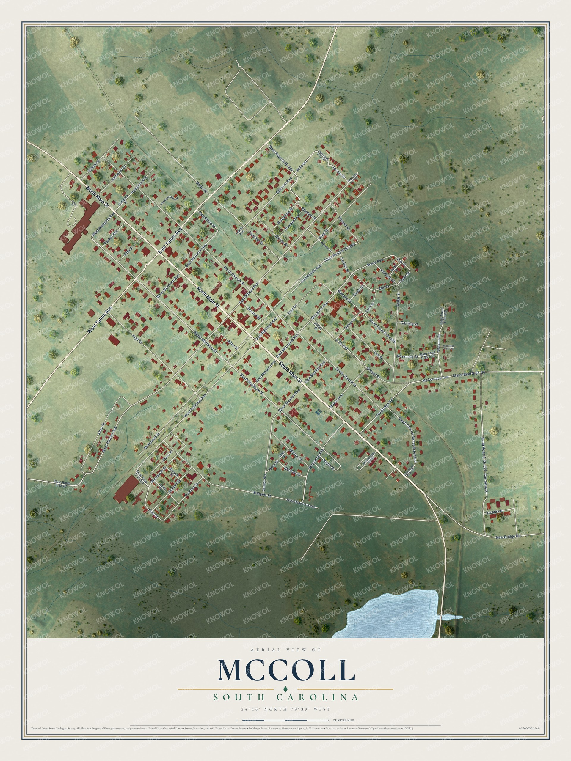 Full map of McColl, South Carolina, with red buildings, printed street names and the land around them