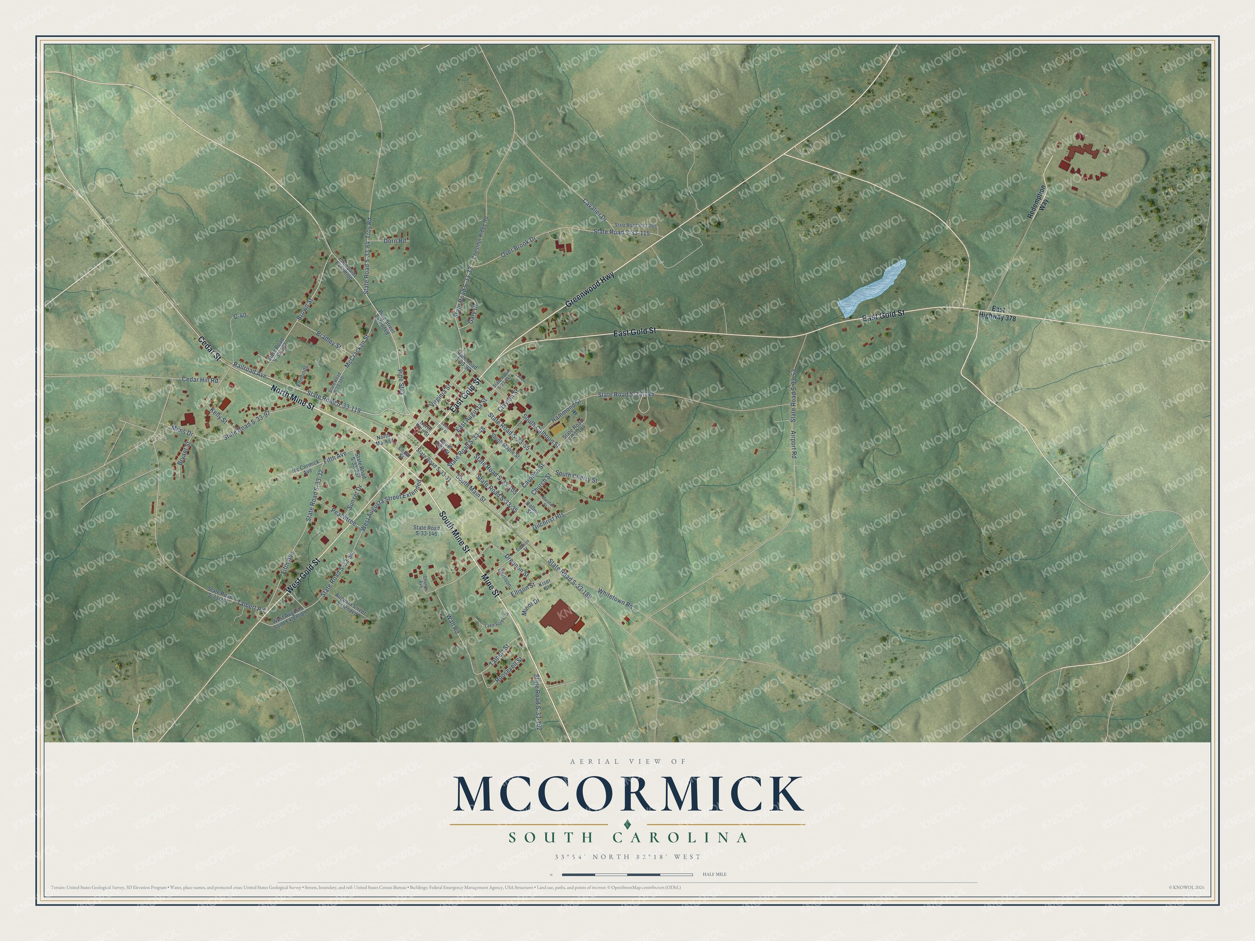 Full map of McCormick, South Carolina, with red buildings, printed street names and the land around them