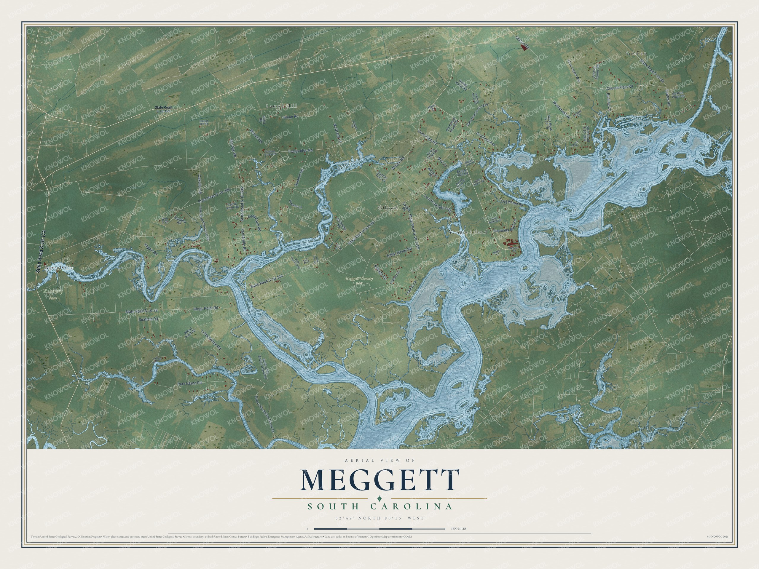 Full map of Meggett, South Carolina, with red buildings, printed street names and the land around them
