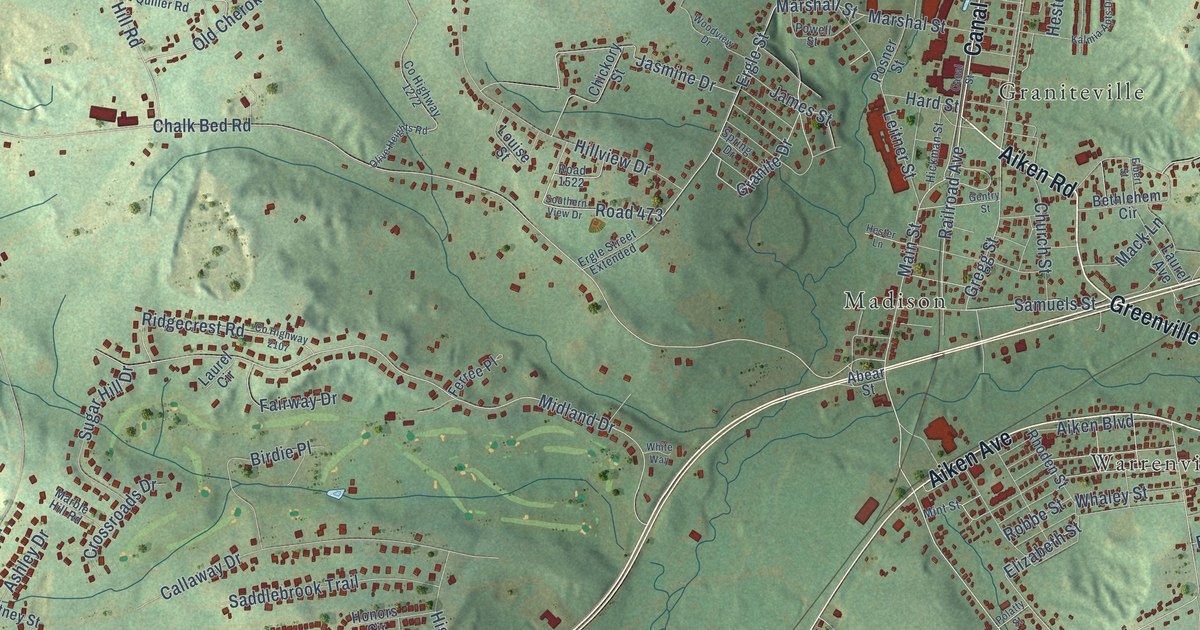 Close-up of streets and buildings in Midland Valley, South Carolina