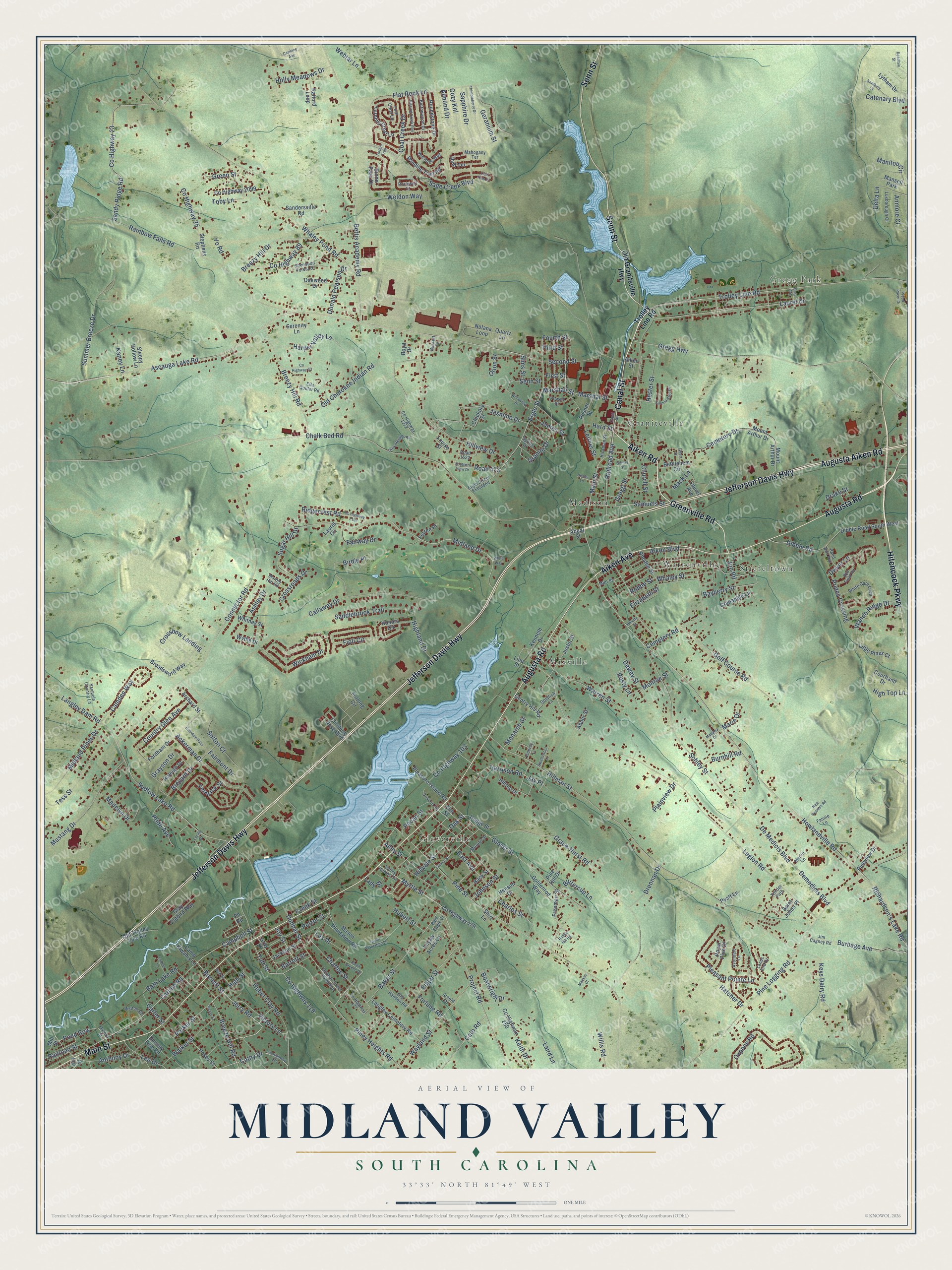 Full map of Midland Valley, South Carolina, with red buildings, printed street names and the land around them