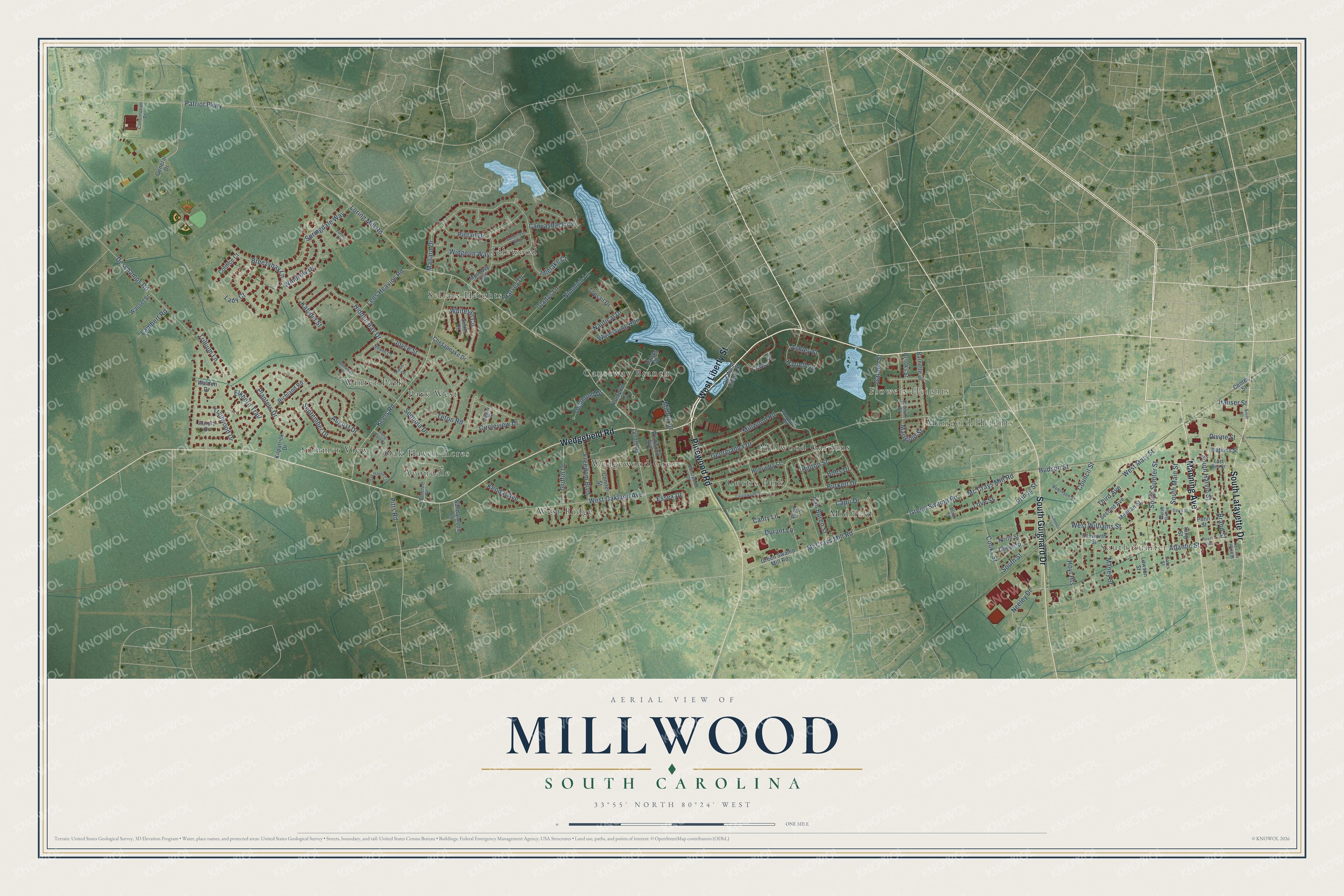 Full map of Millwood, South Carolina, with red buildings, printed street names and the land around them