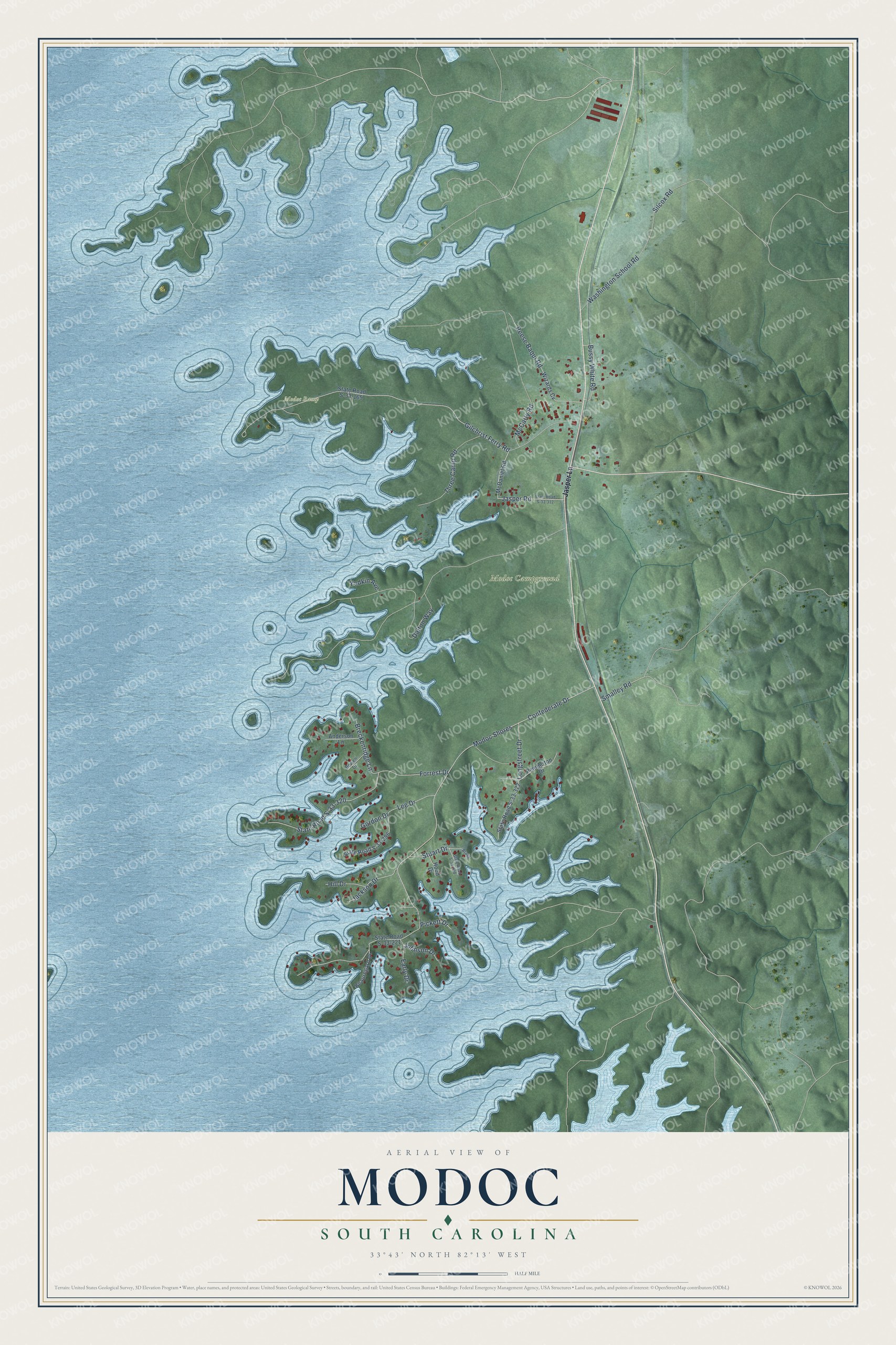 Full map of Modoc, South Carolina, with red buildings, printed street names and the land around them