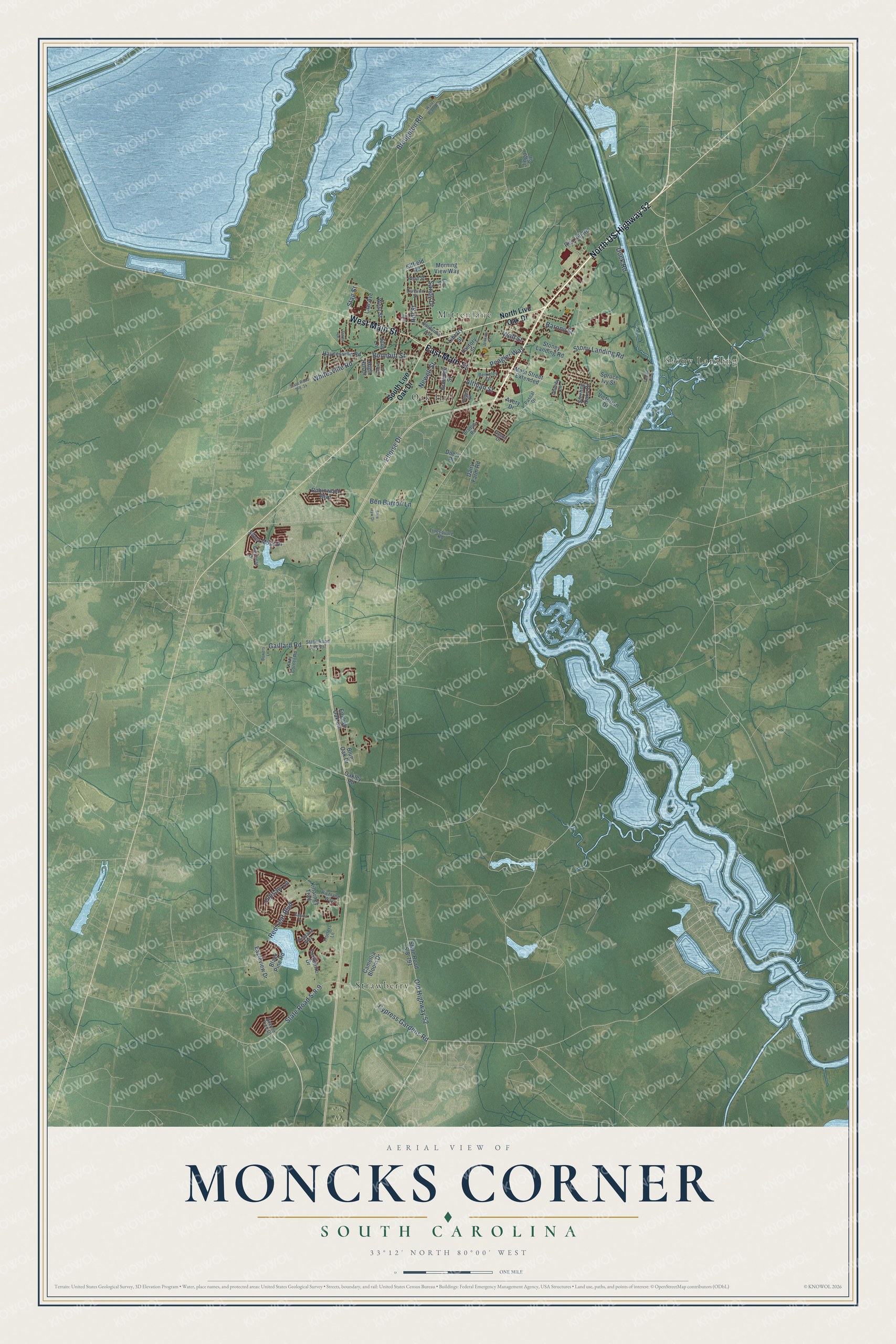 Full map of Moncks Corner, South Carolina, with red buildings, printed street names and the land around them