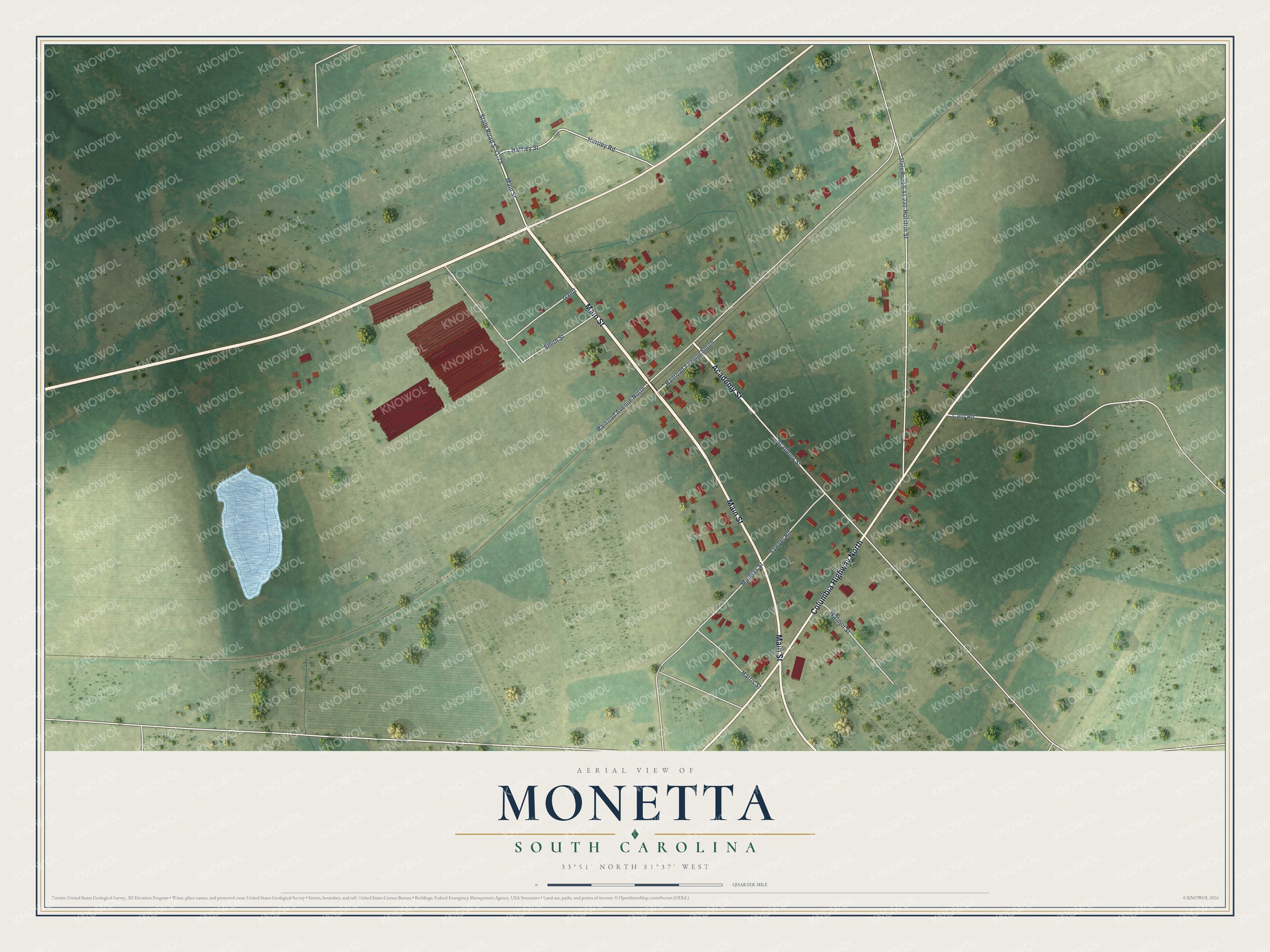Full map of Monetta, South Carolina, with red buildings, printed street names and the land around them