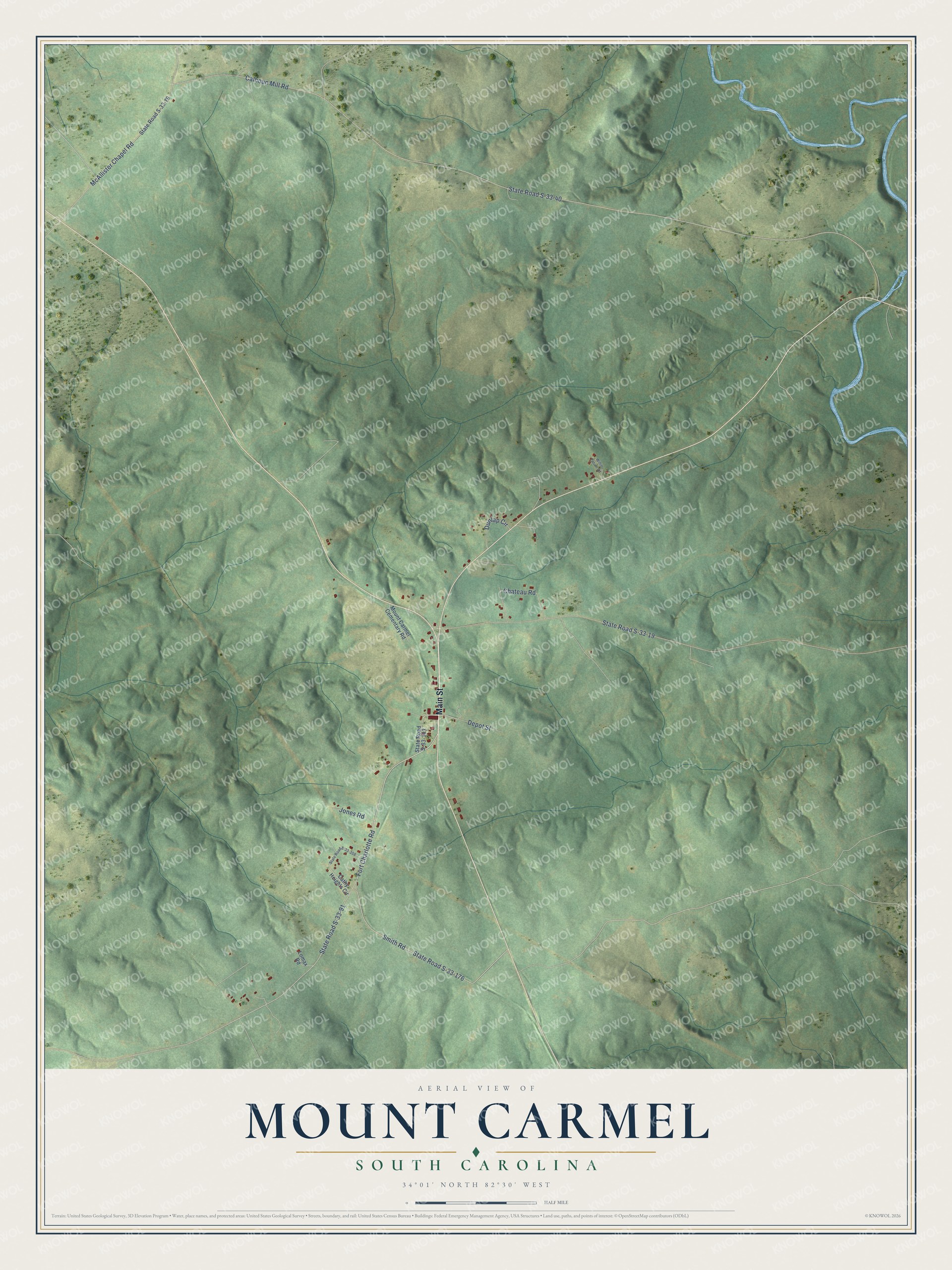 Full map of Mount Carmel, South Carolina, with red buildings, printed street names and the land around them