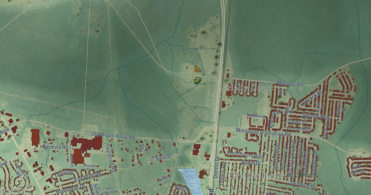 Close-up of streets and buildings in Mount Holly, South Carolina