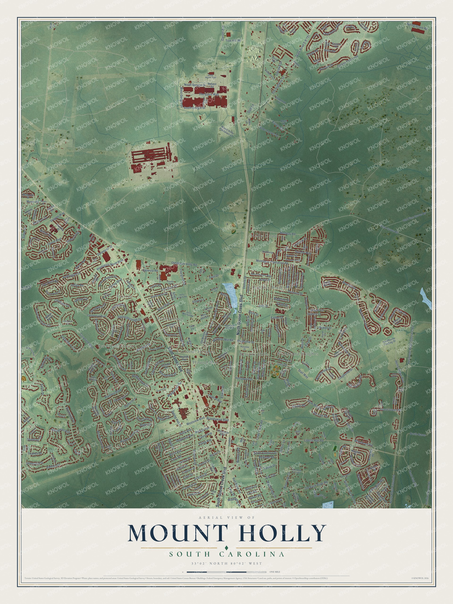 Full map of Mount Holly, South Carolina, with red buildings, printed street names and the land around them