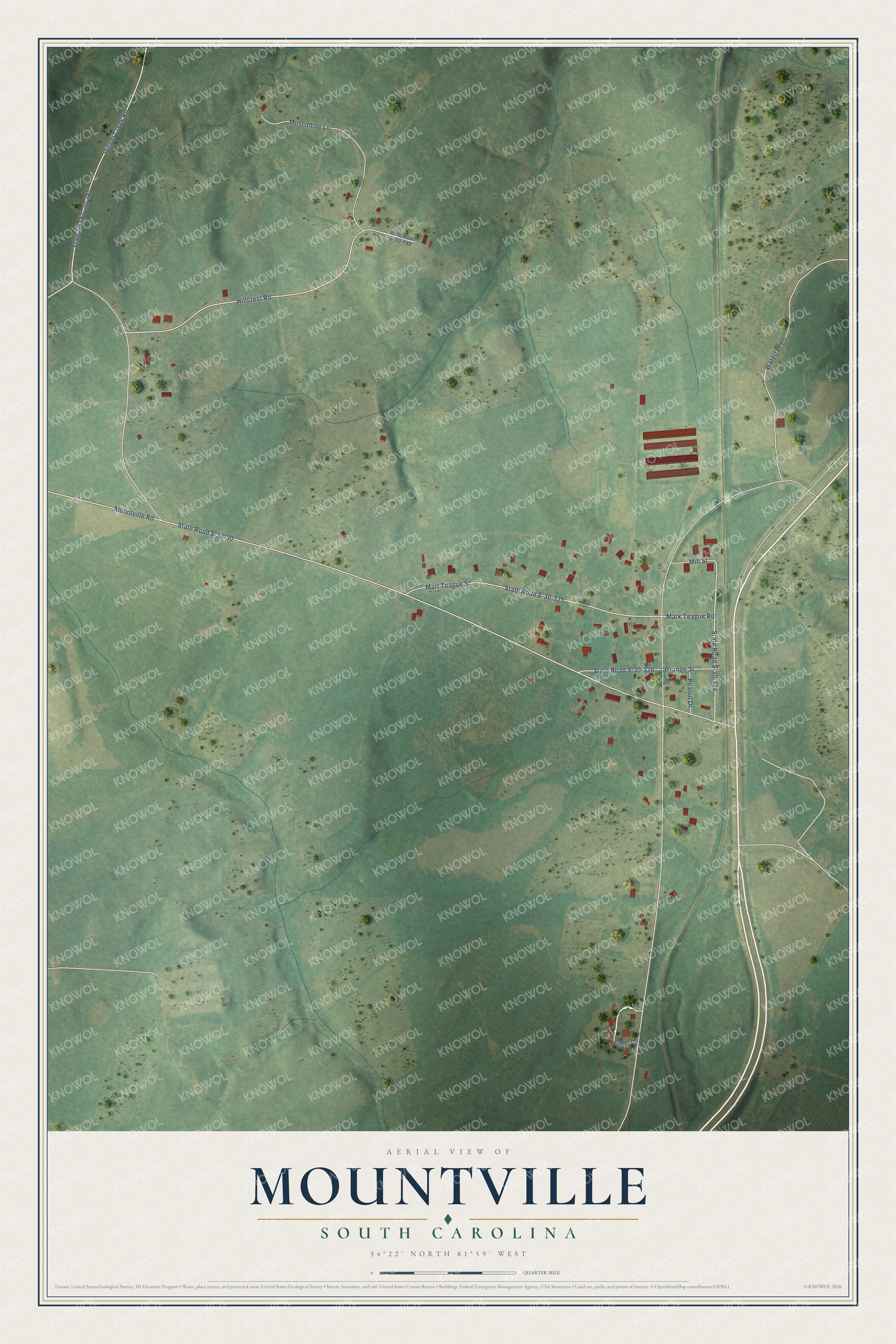 Full map of Mountville, South Carolina, with red buildings, printed street names and the land around them