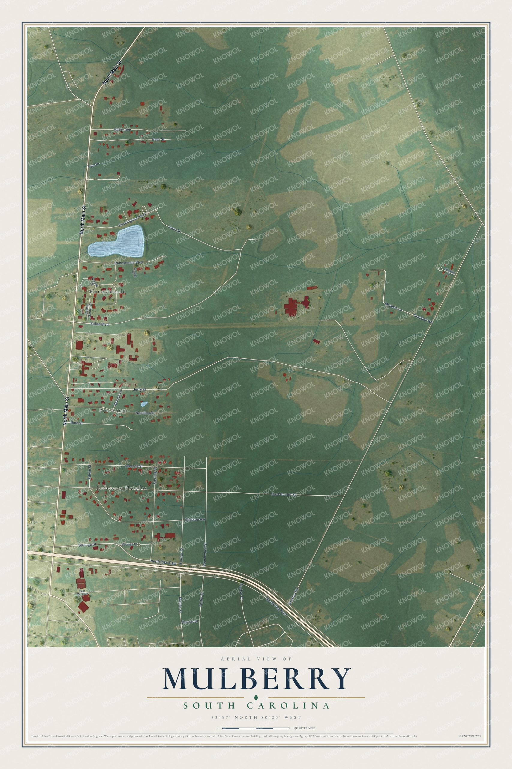 Full map of Mulberry, South Carolina, with red buildings, printed street names and the land around them