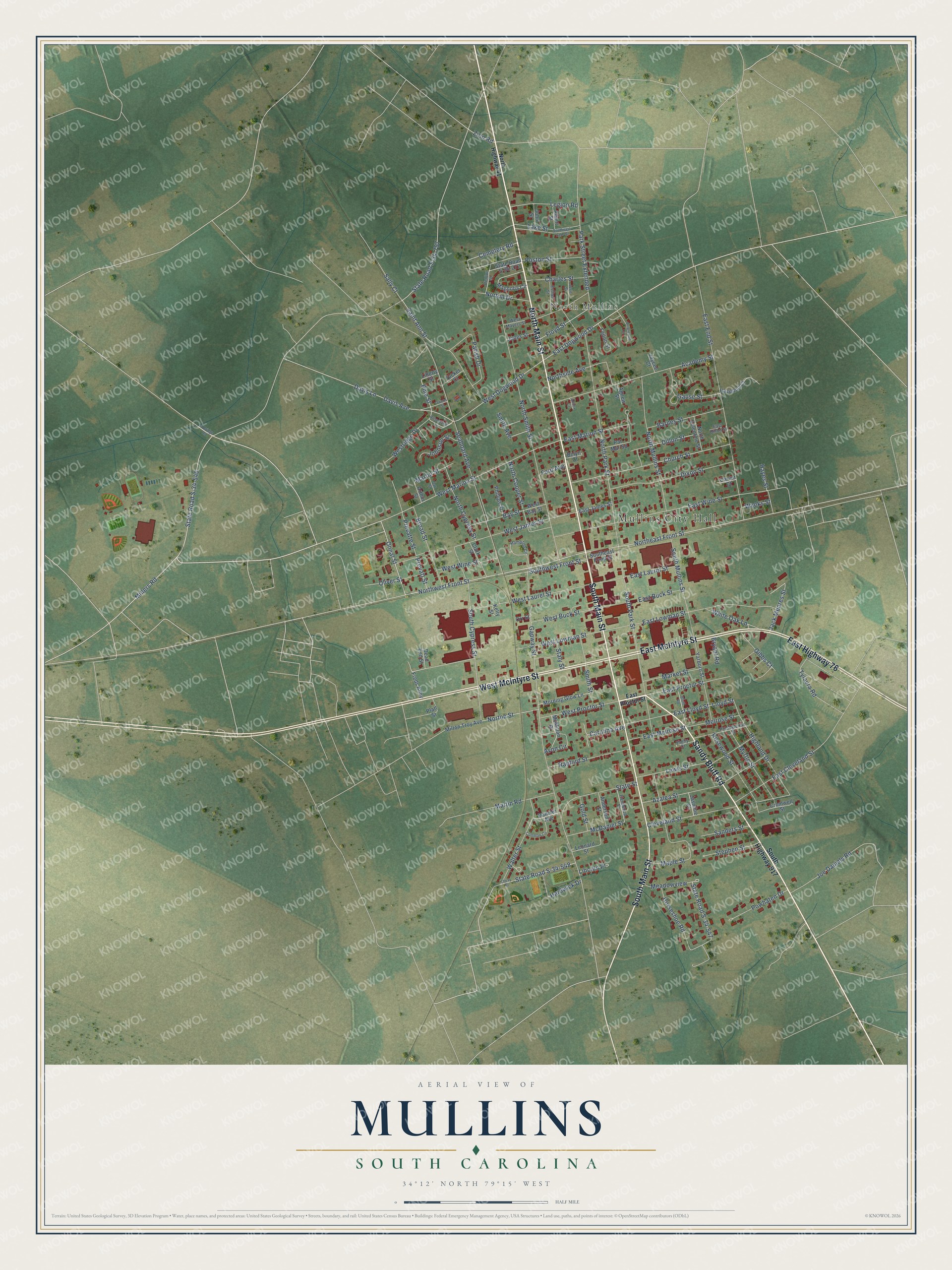 Full map of Mullins, South Carolina, with red buildings, printed street names and the land around them