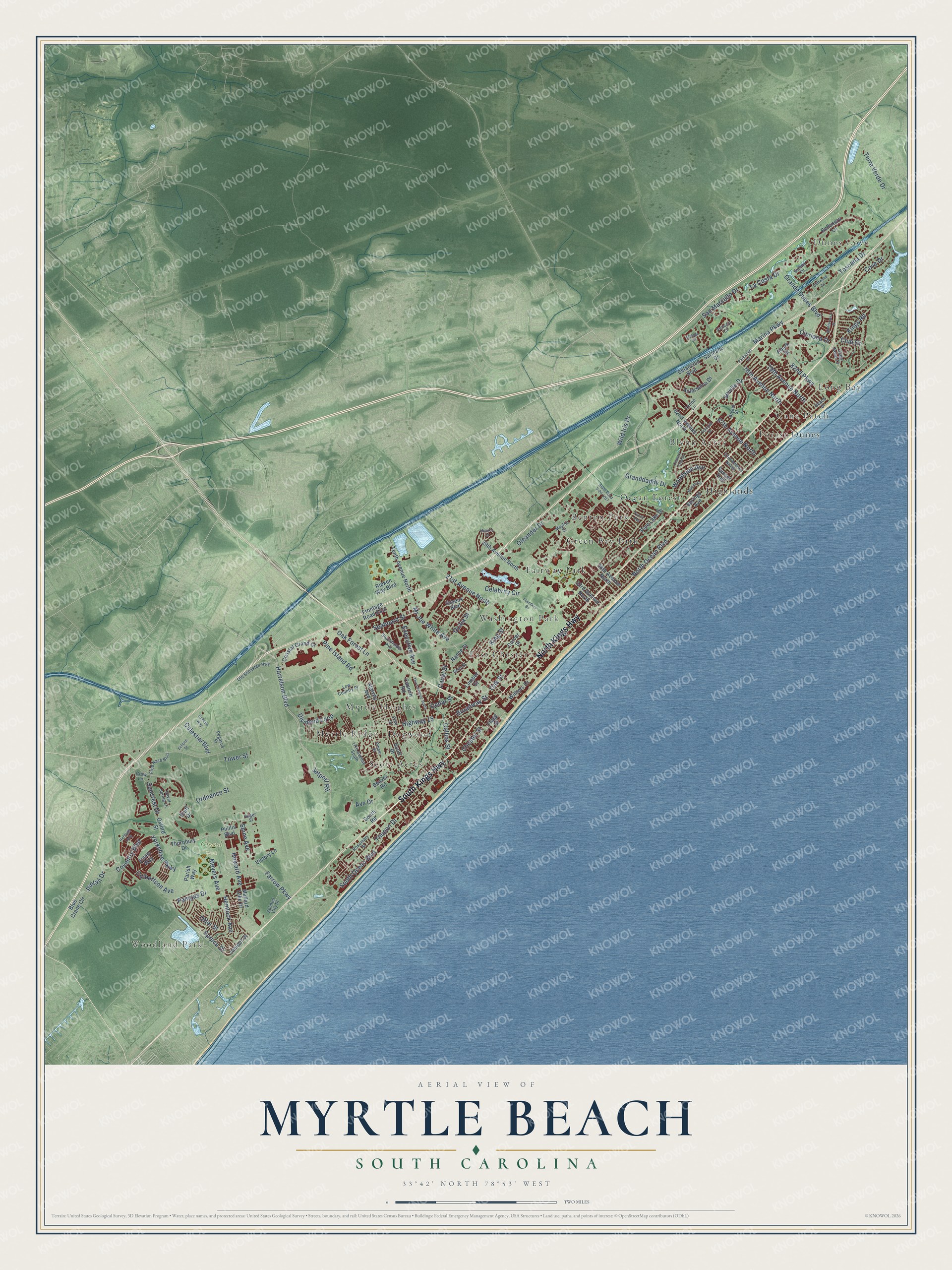 Full map of Myrtle Beach, South Carolina, with red buildings, printed street names and the land around them