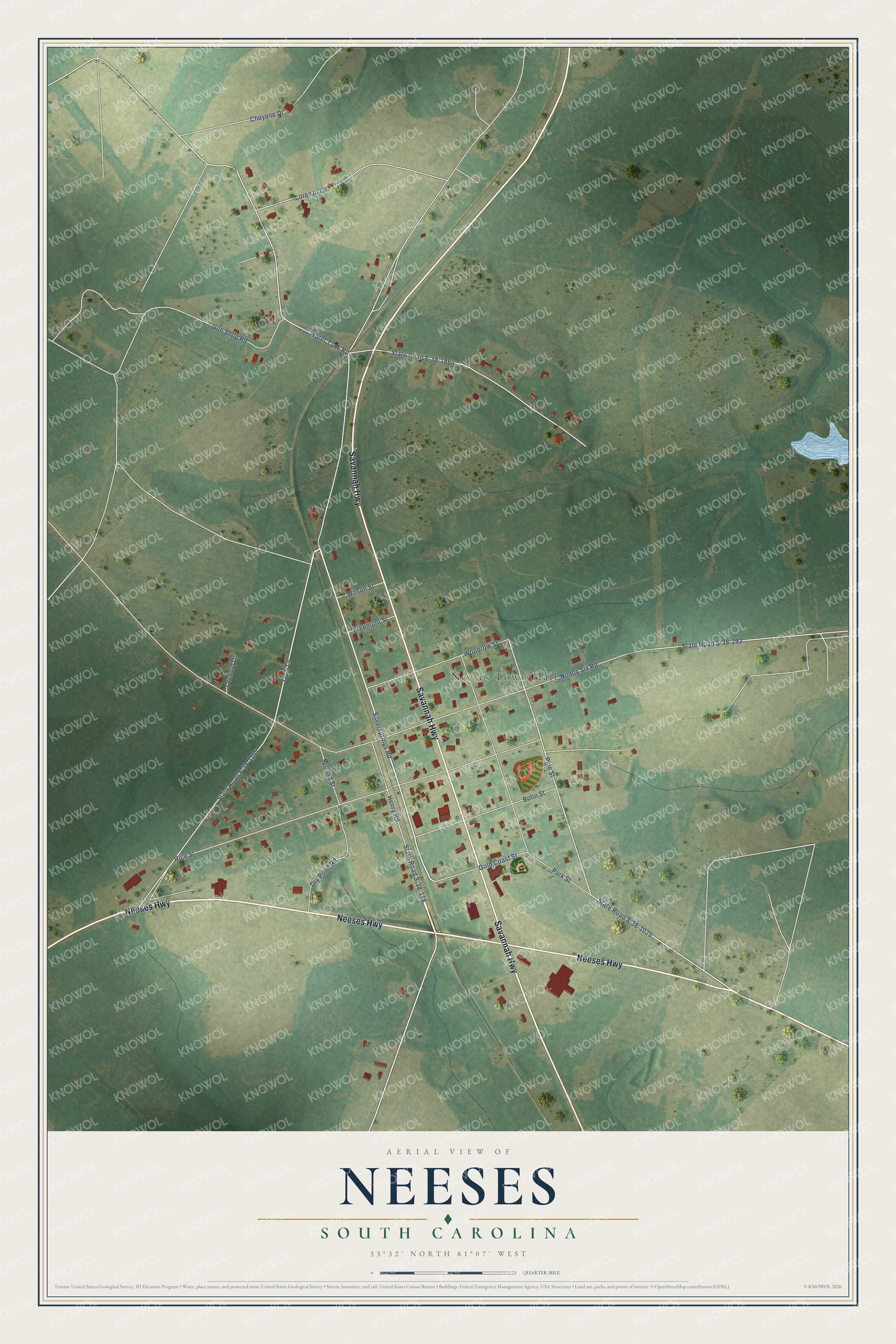 Full map of Neeses, South Carolina, with red buildings, printed street names and the land around them