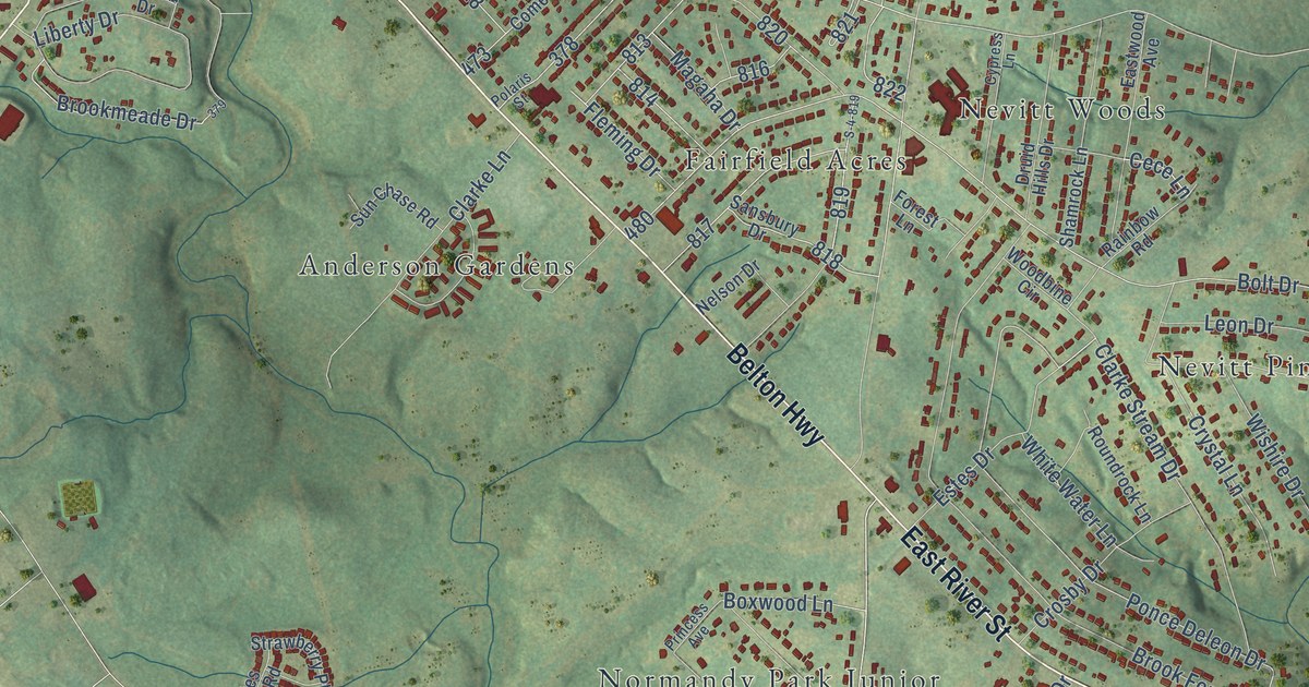 Close-up of streets and buildings in Nevitt Forest, South Carolina