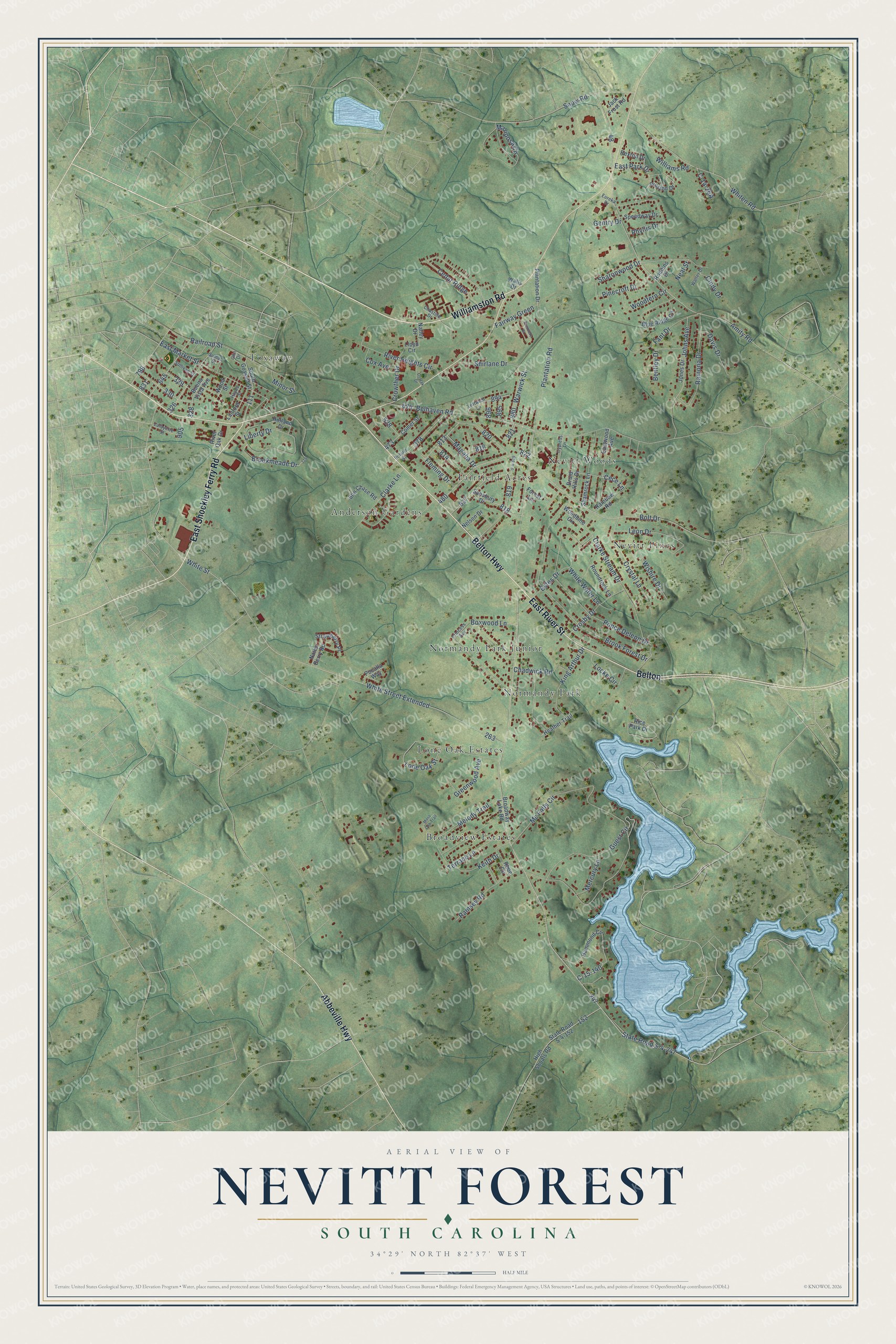 Full map of Nevitt Forest, South Carolina, with red buildings, printed street names and the land around them