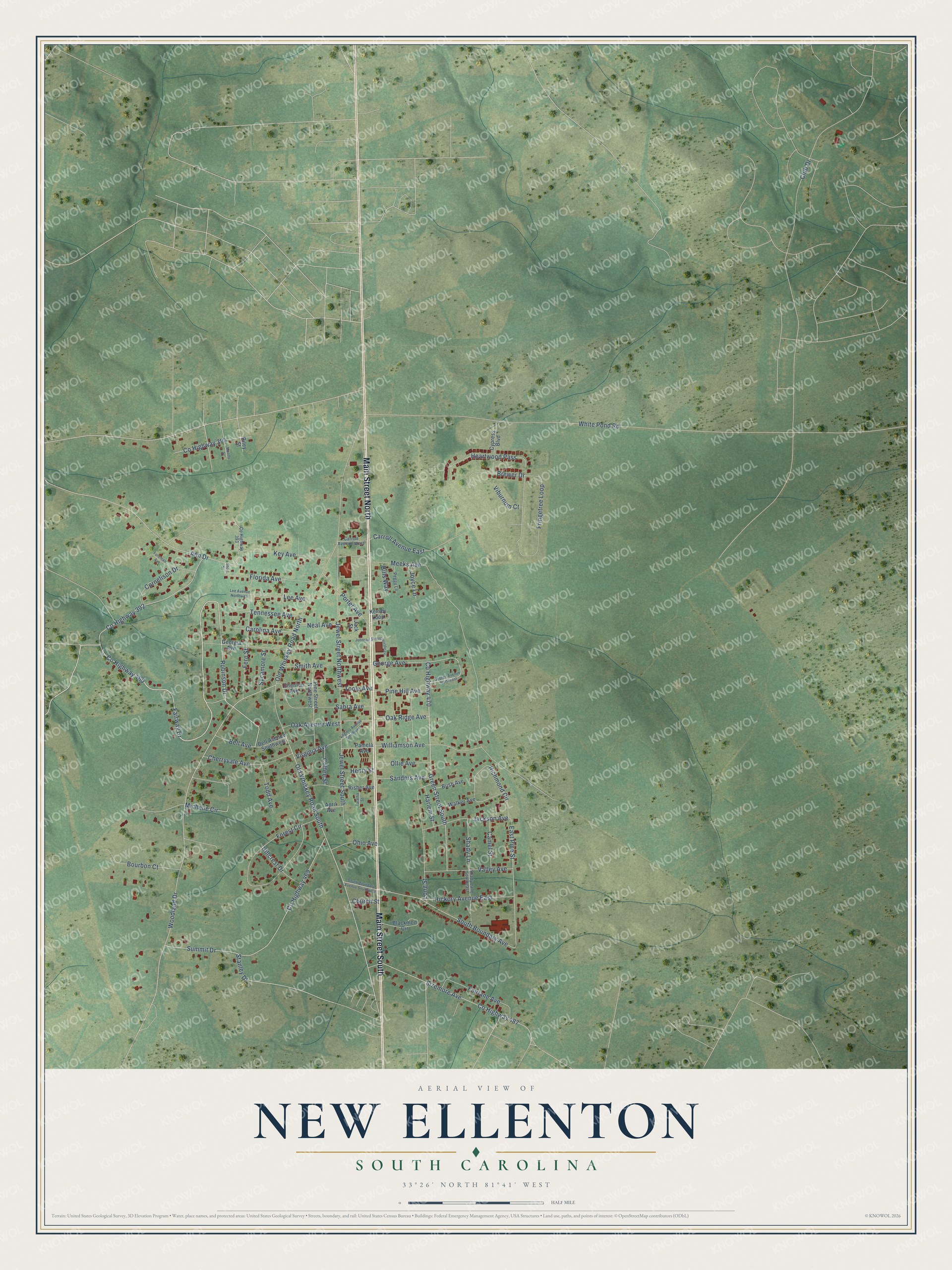 Full map of New Ellenton, South Carolina, with red buildings, printed street names and the land around them