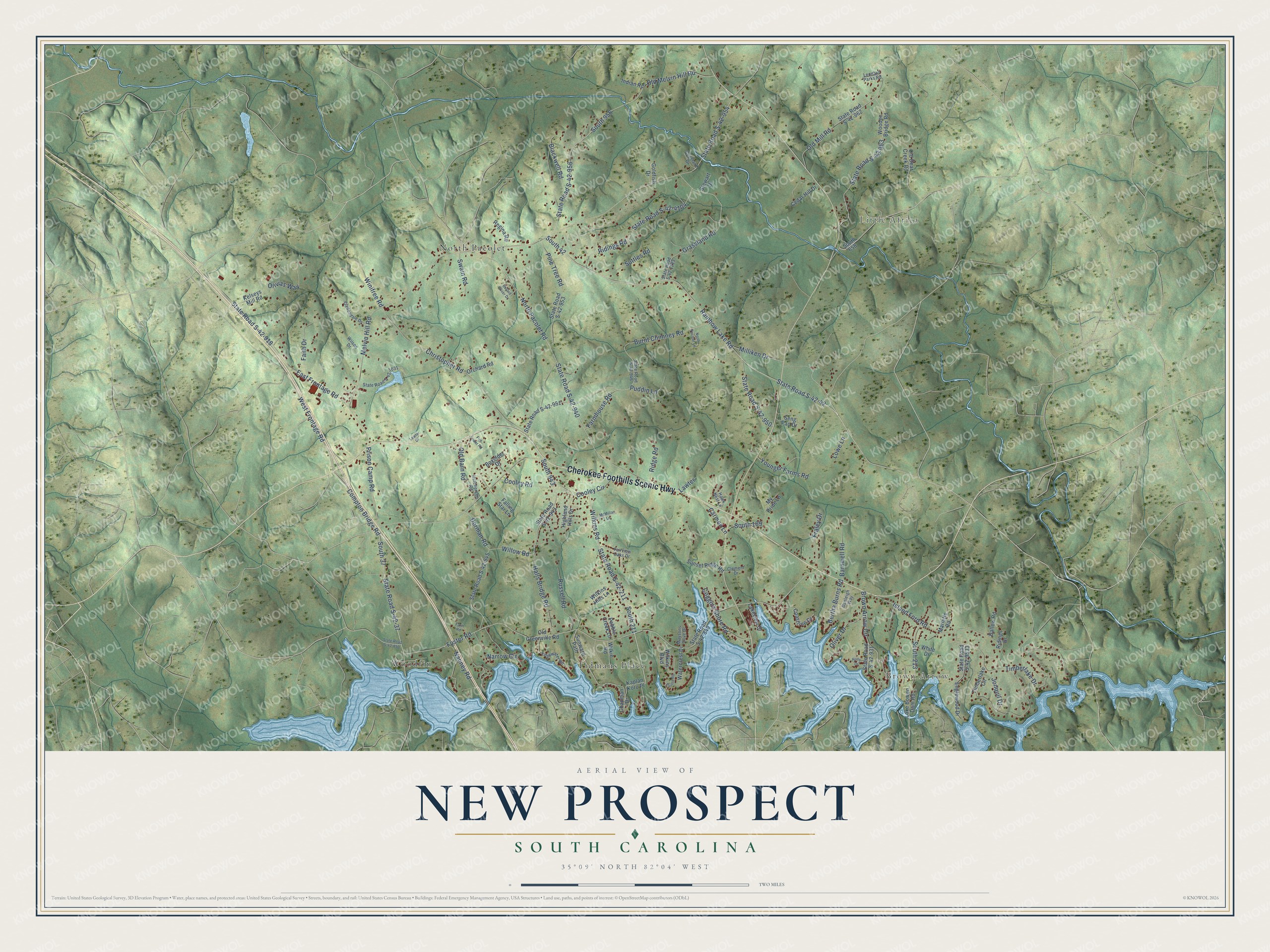 Full map of New Prospect, South Carolina, with red buildings, printed street names and the land around them