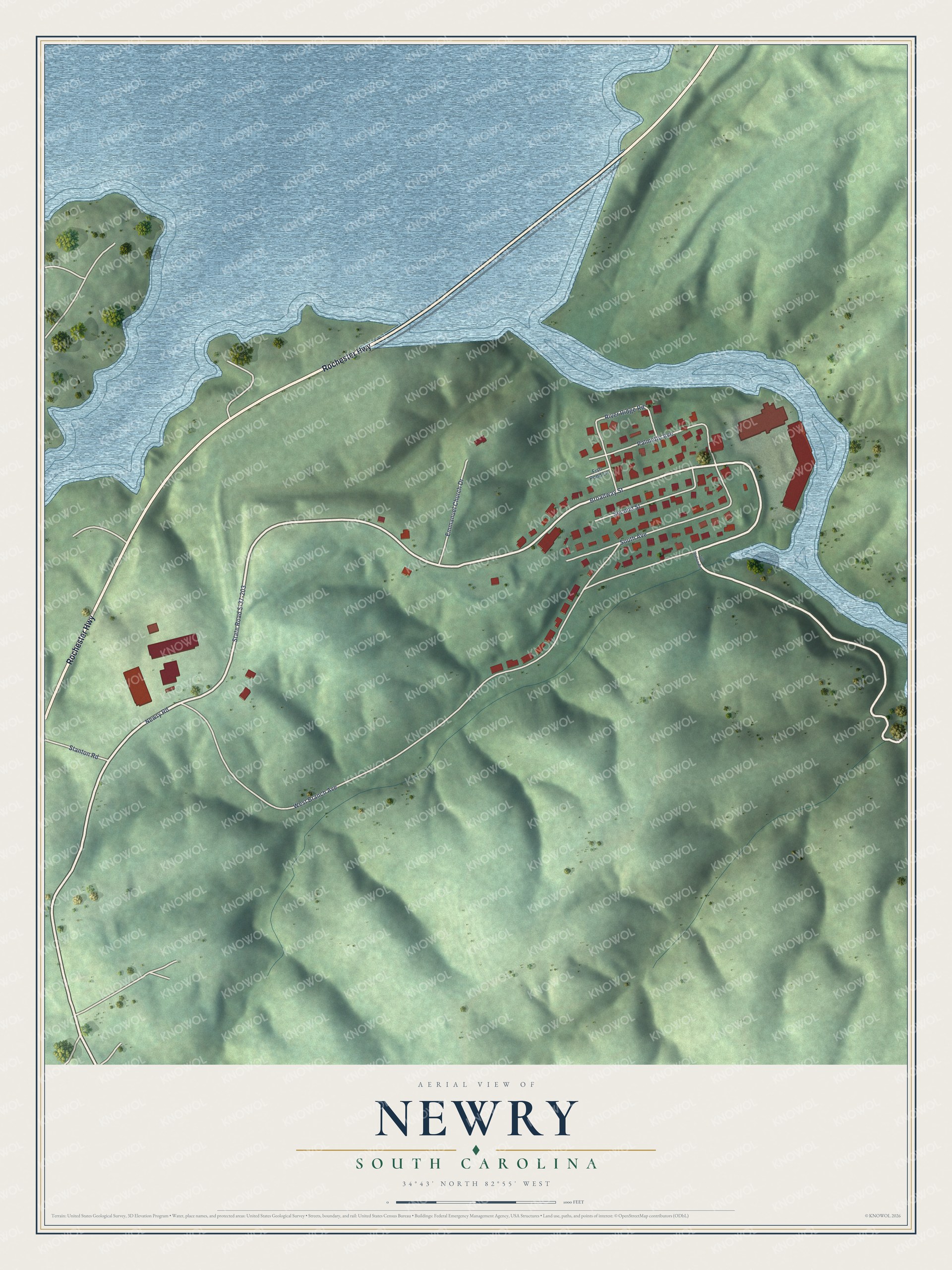 Full map of Newry, South Carolina, with red buildings, printed street names and the land around them