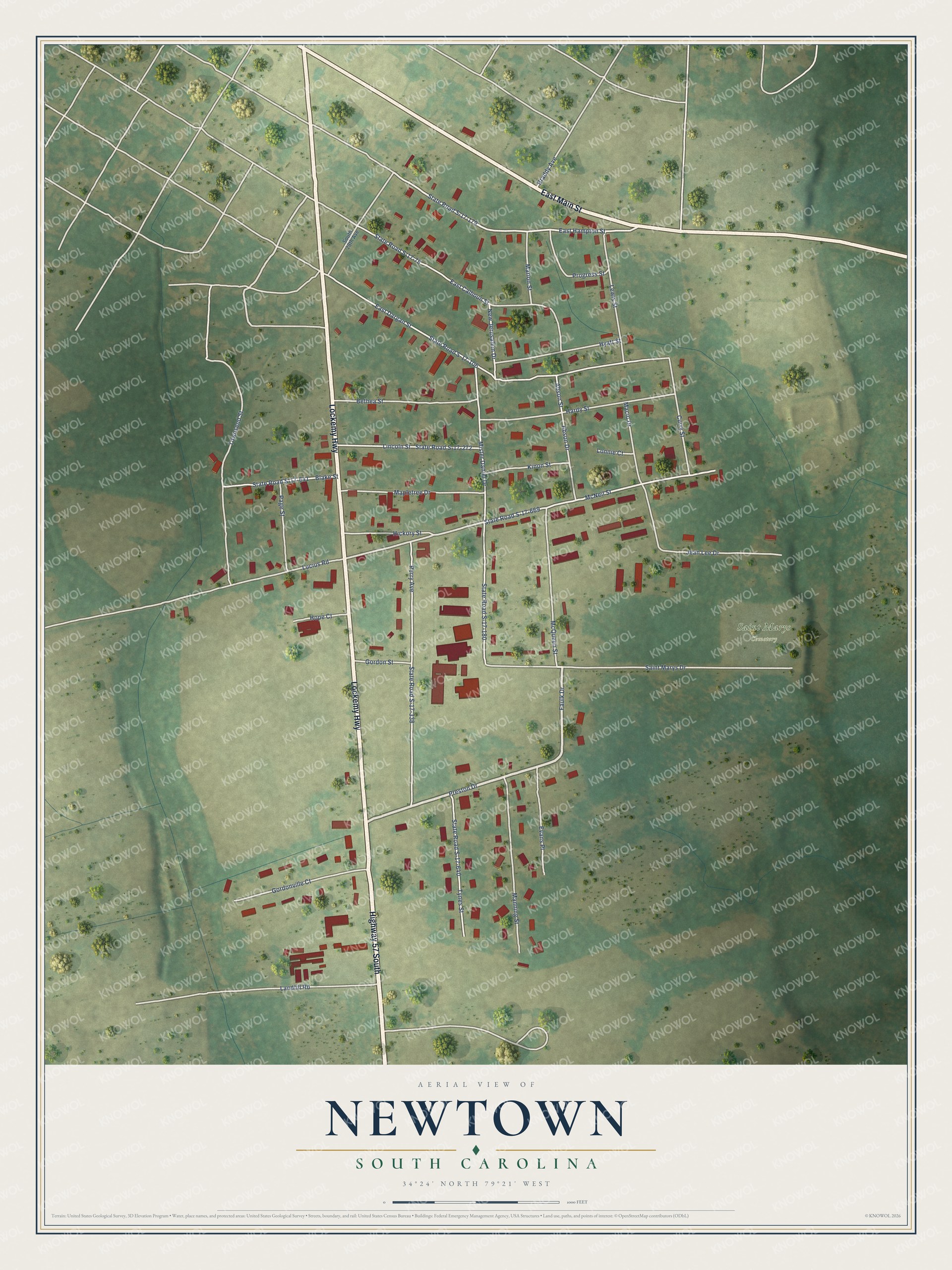 Full map of Newtown, South Carolina, with red buildings, printed street names and the land around them