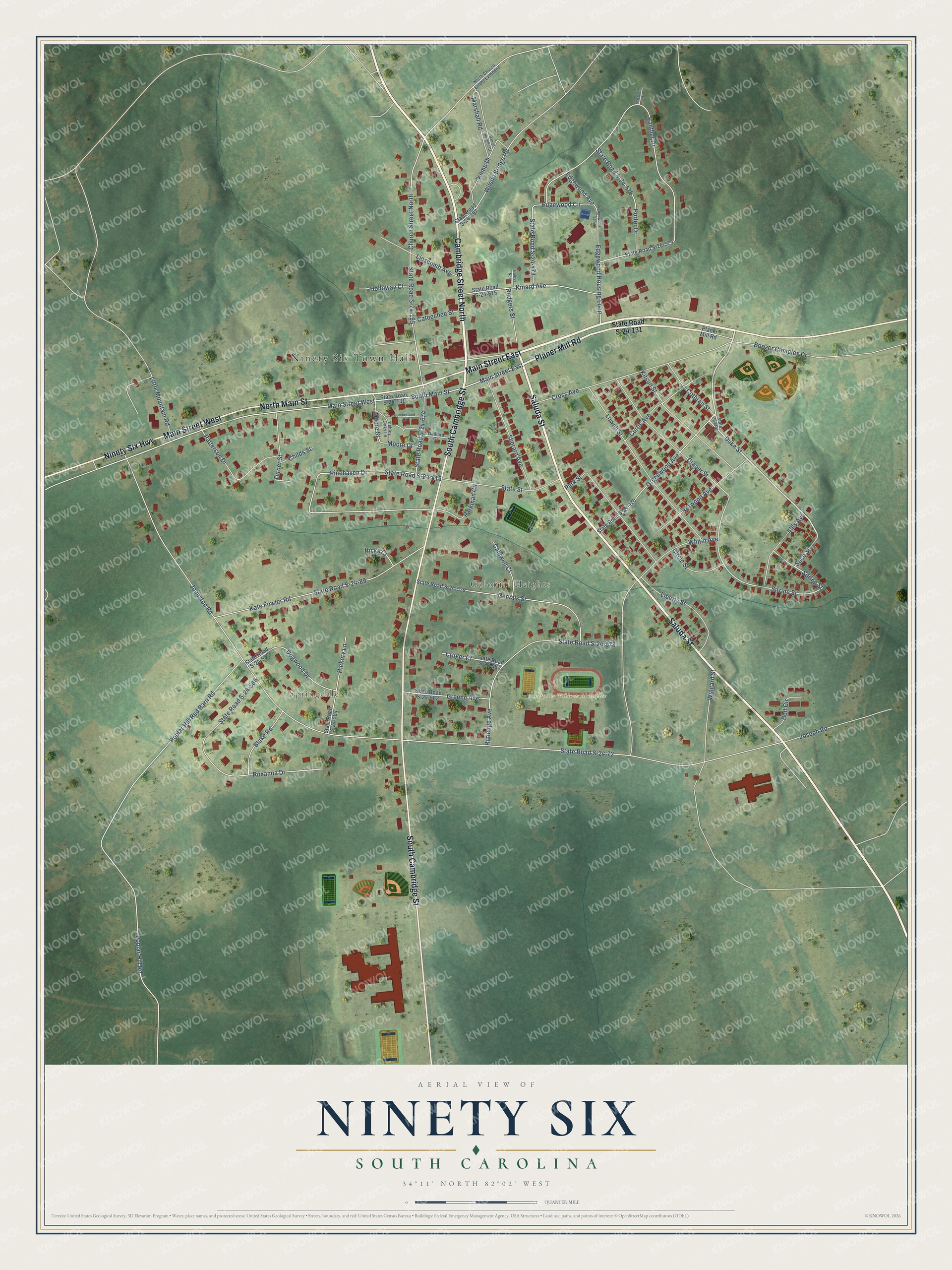 Full map of Ninety Six, South Carolina, with red buildings, printed street names and the land around them