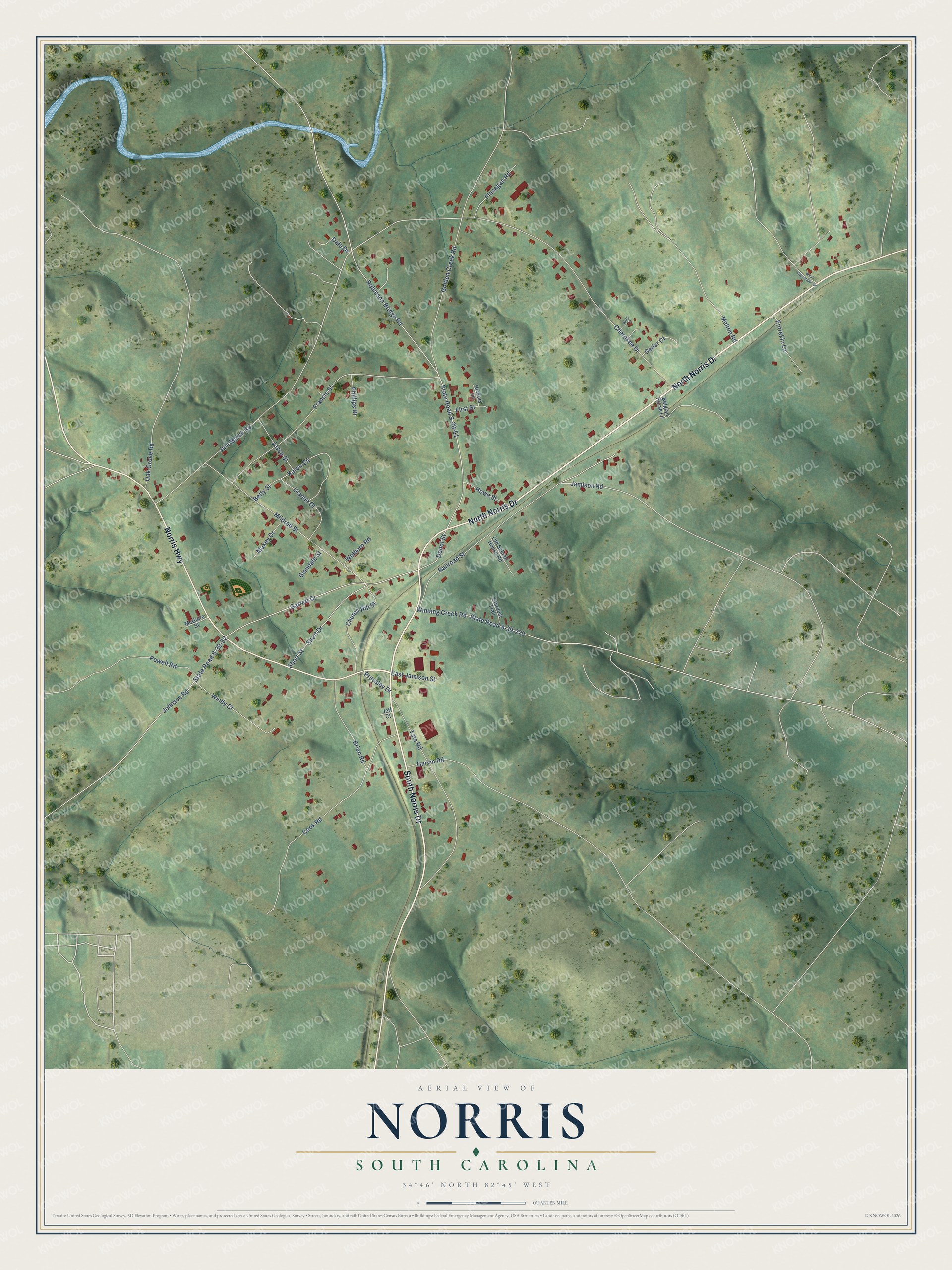 Full map of Norris, South Carolina, with red buildings, printed street names and the land around them