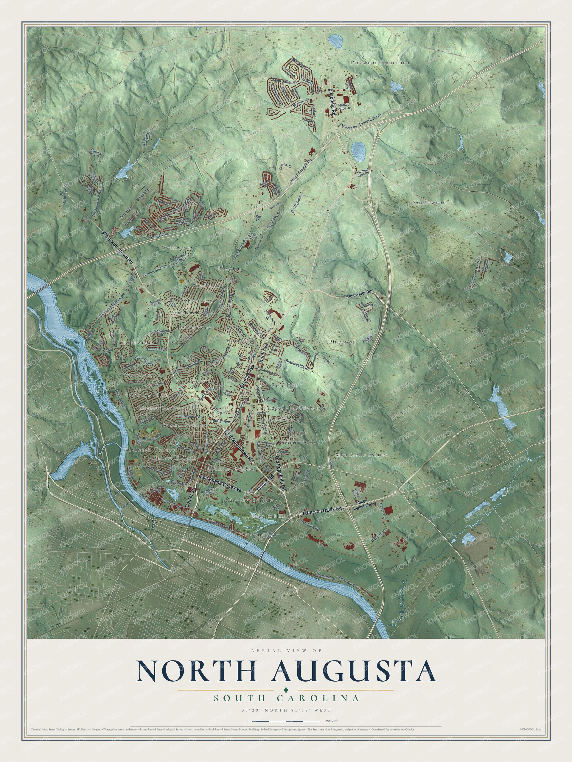 Full map of North Augusta, South Carolina, with red buildings, printed street names and the land around them
