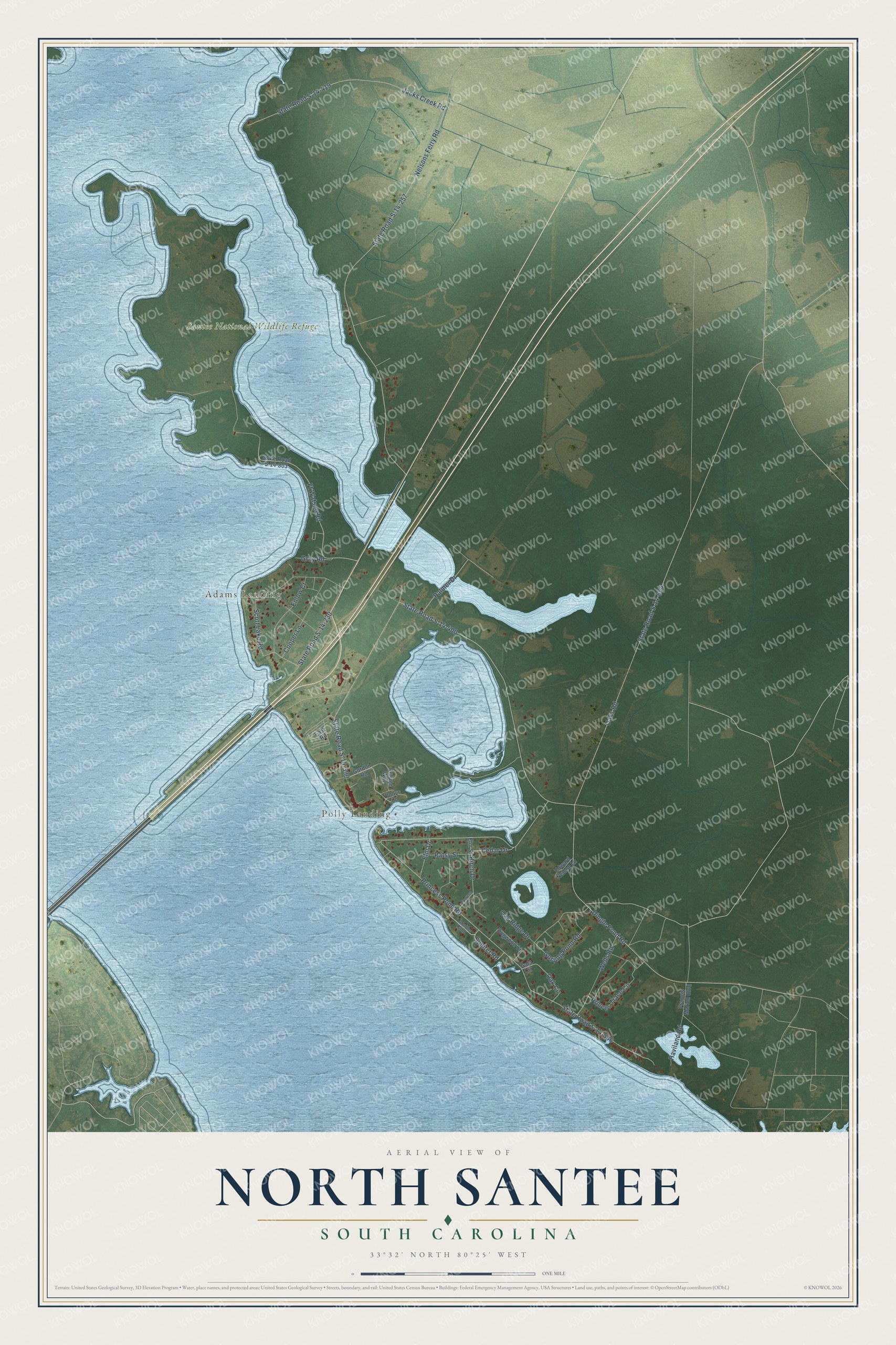 Full map of North Santee, South Carolina, with red buildings, printed street names and the land around them