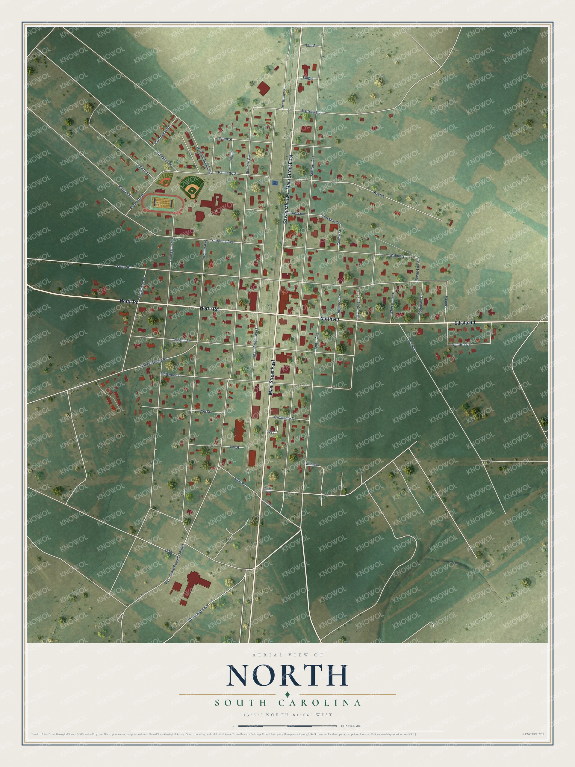 Full map of North, South Carolina, with red buildings, printed street names and the land around them