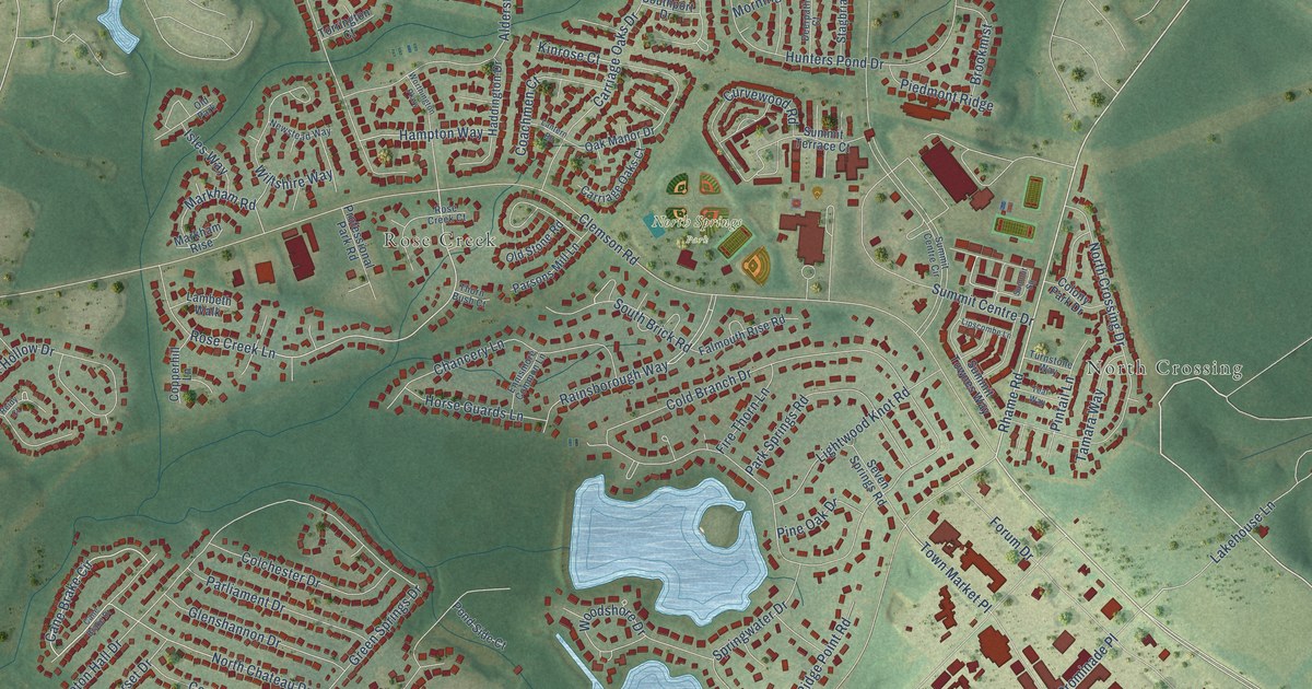 Close-up of streets and buildings in North Springs, South Carolina