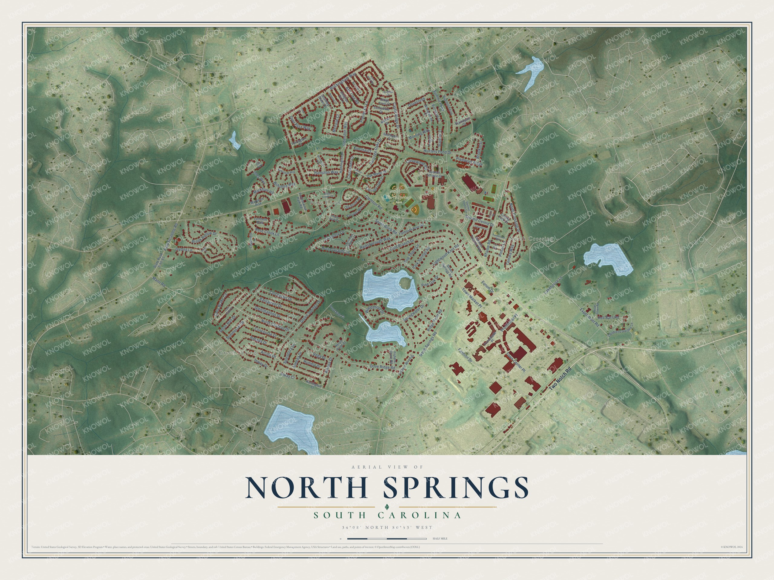 Full map of North Springs, South Carolina, with red buildings, printed street names and the land around them