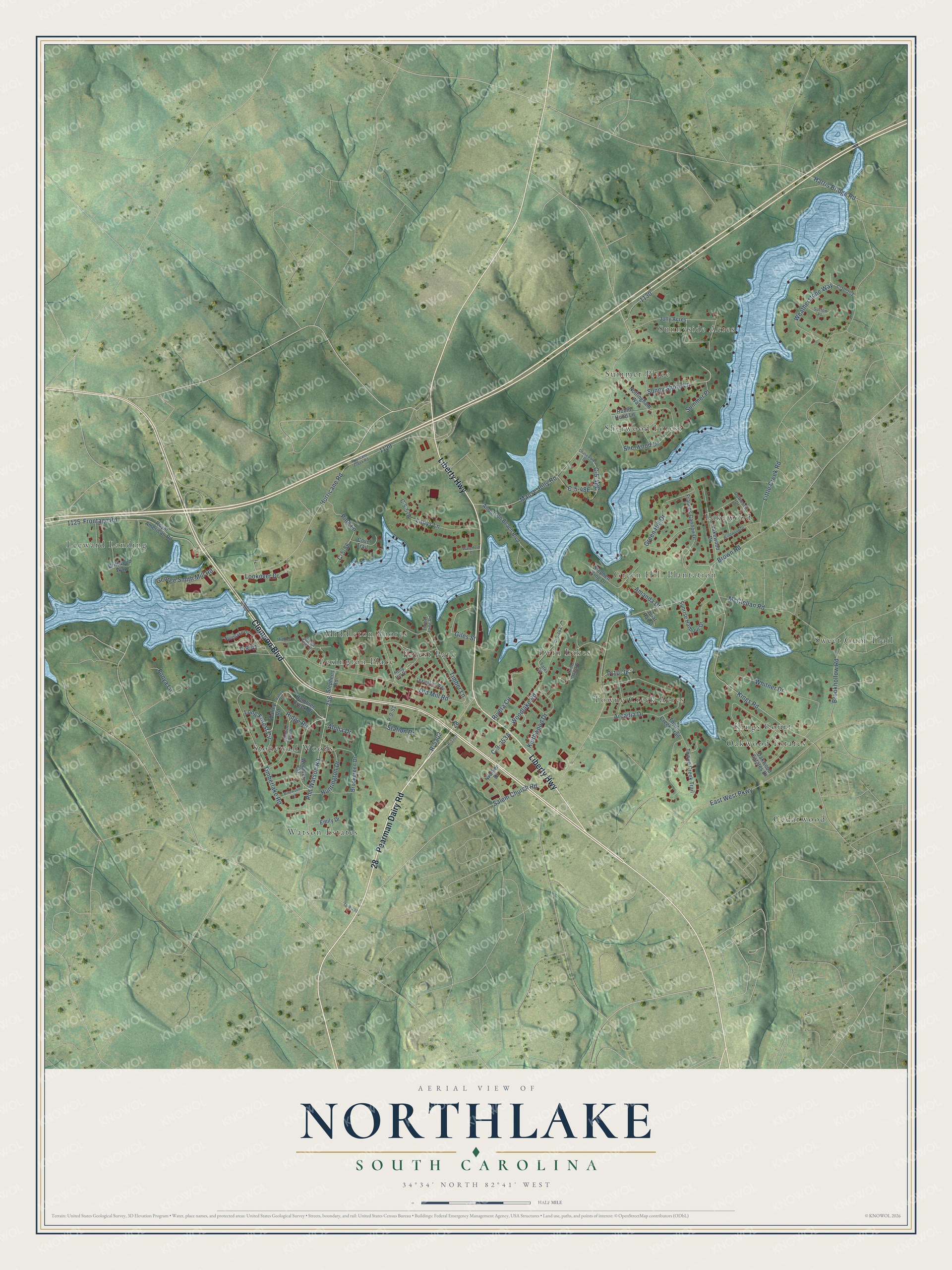 Full map of Northlake, South Carolina, with red buildings, printed street names and the land around them