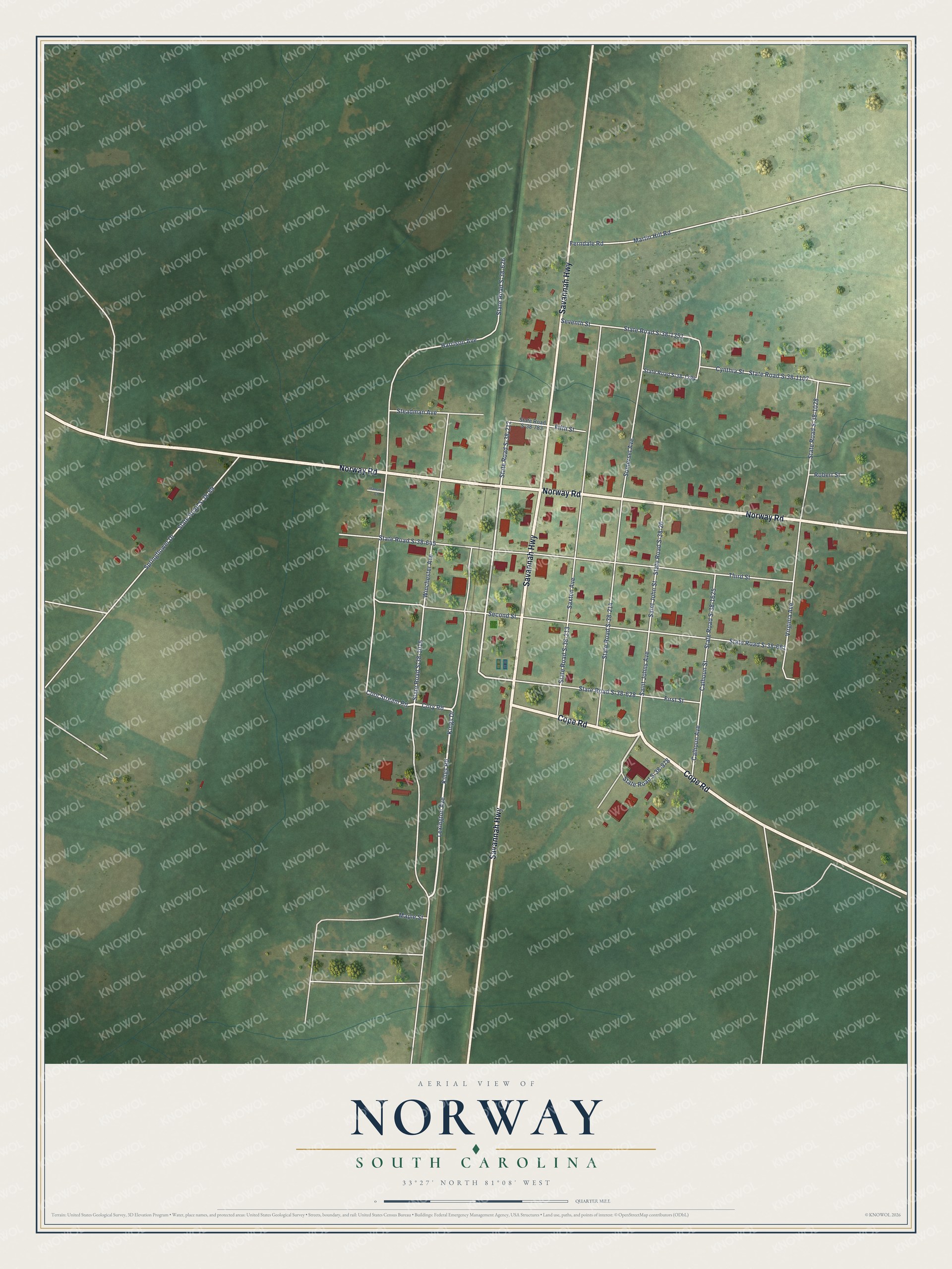 Full map of Norway, South Carolina, with red buildings, printed street names and the land around them