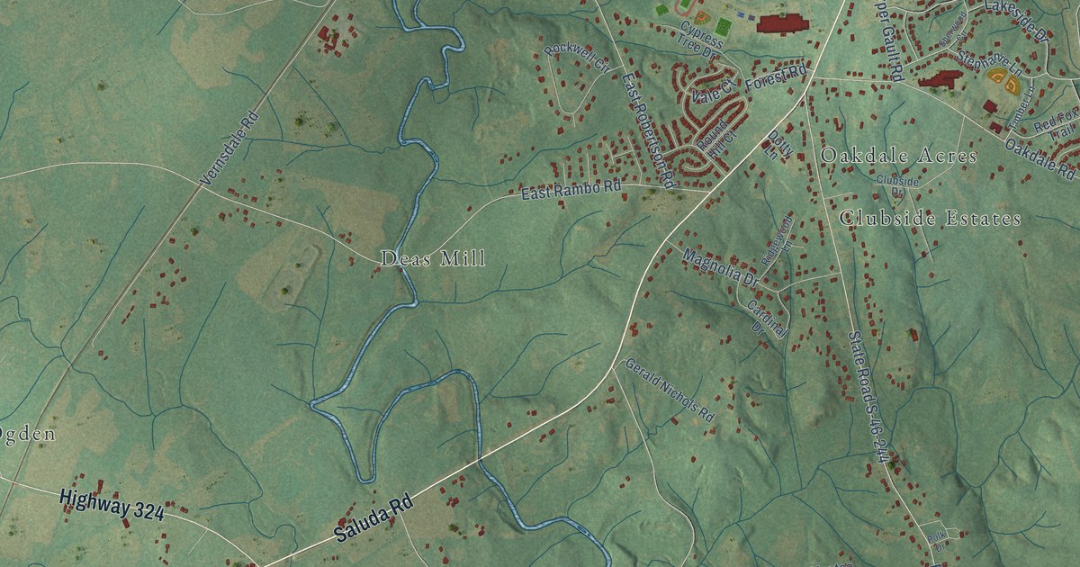 Close-up of streets and buildings in Oakdale, South Carolina