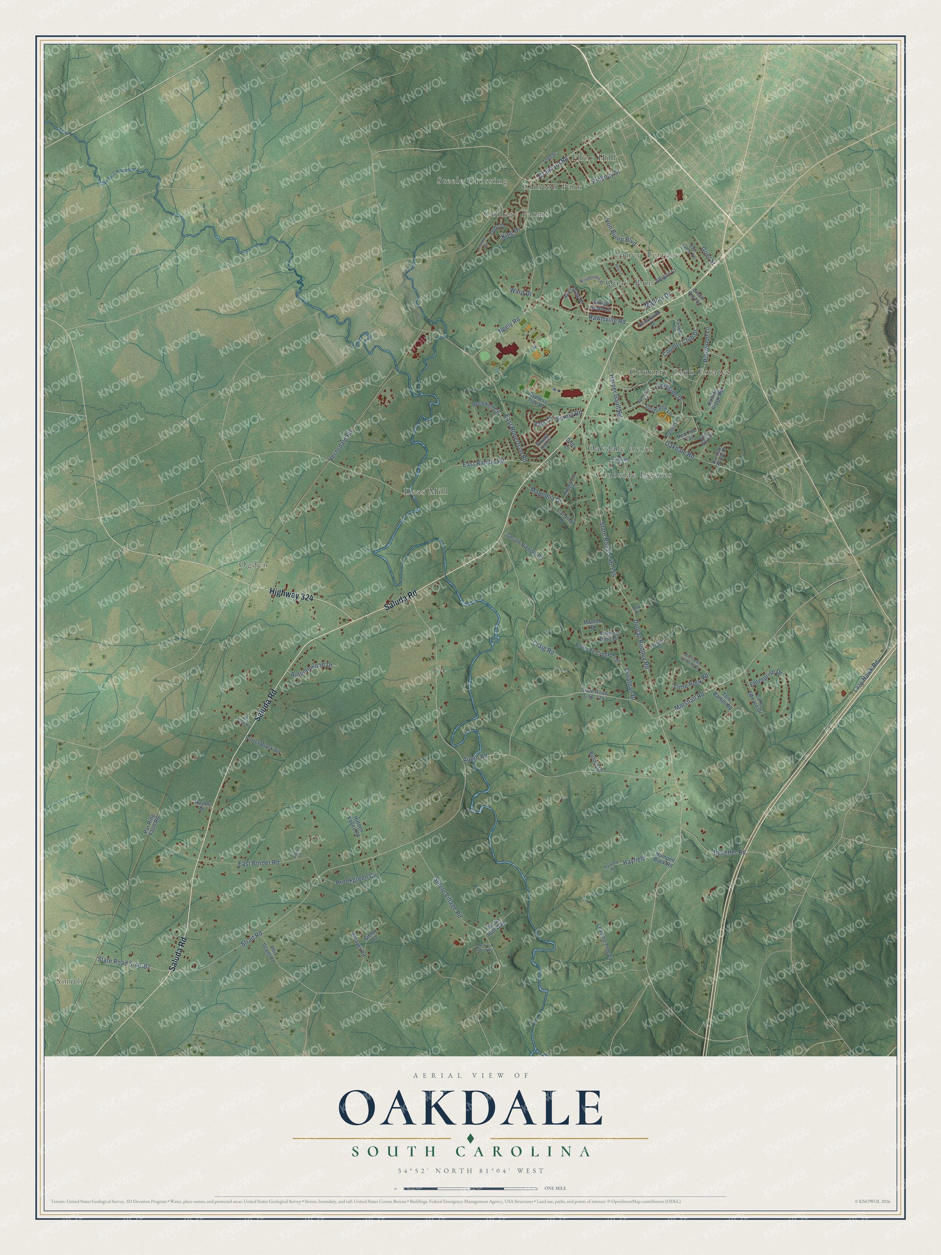 Full map of Oakdale, South Carolina, with red buildings, printed street names and the land around them