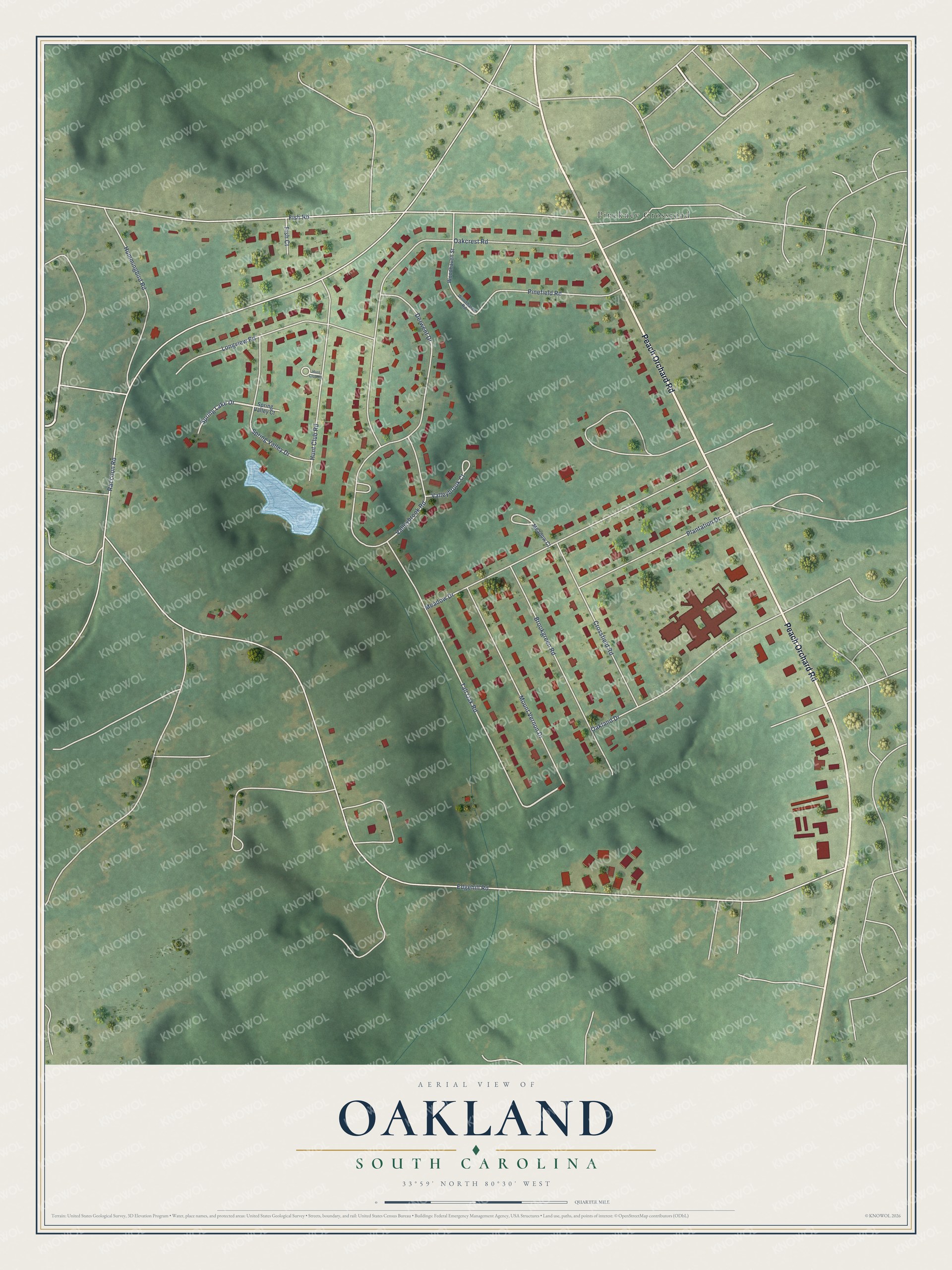 Full map of Oakland, South Carolina, with red buildings, printed street names and the land around them