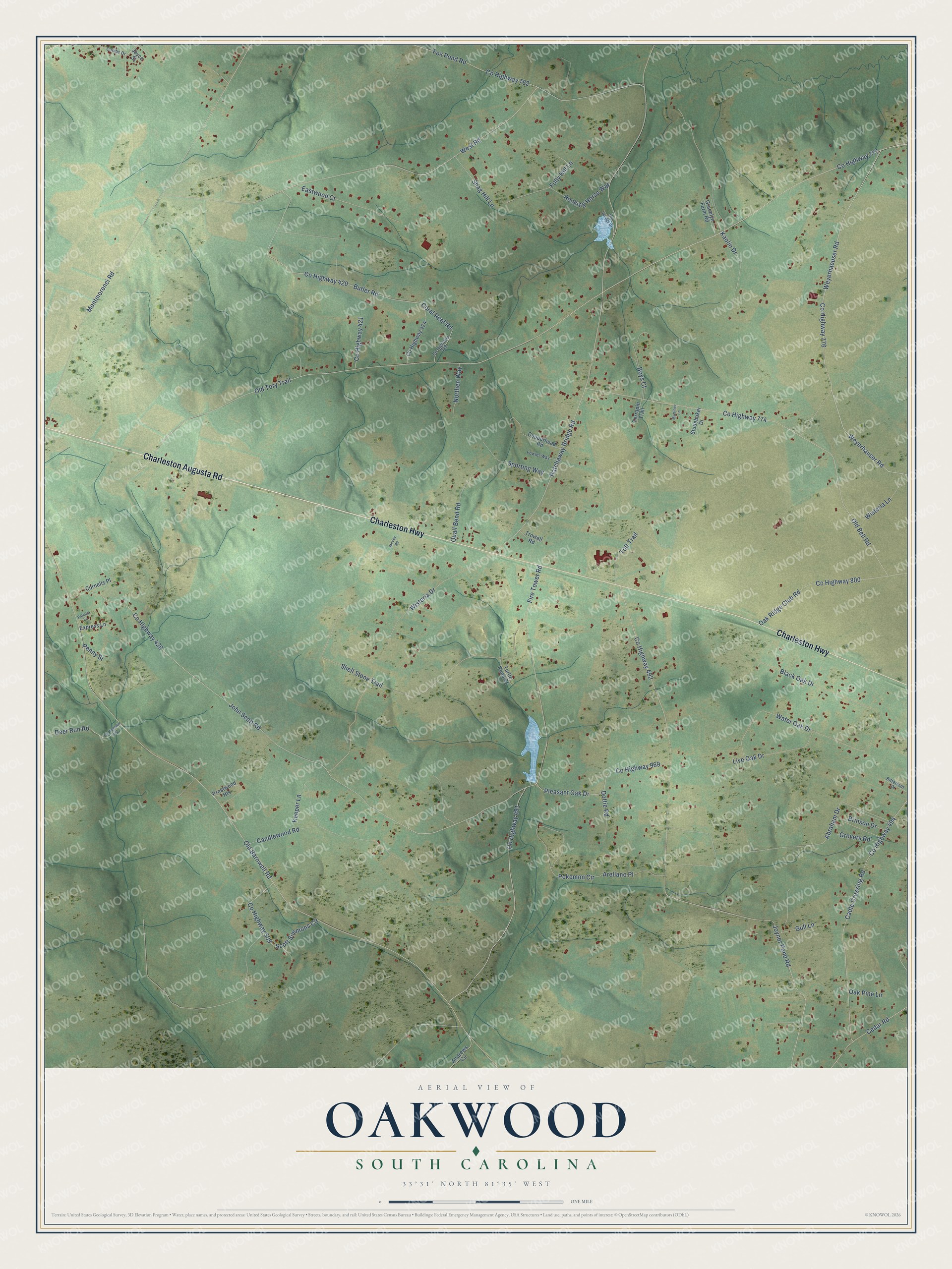 Full map of Oakwood, South Carolina, with red buildings, printed street names and the land around them
