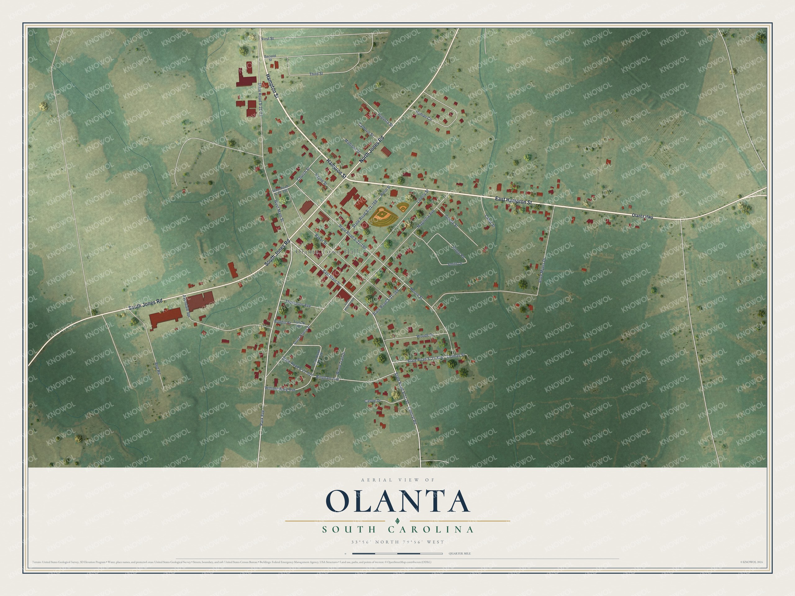 Full map of Olanta, South Carolina, with red buildings, printed street names and the land around them