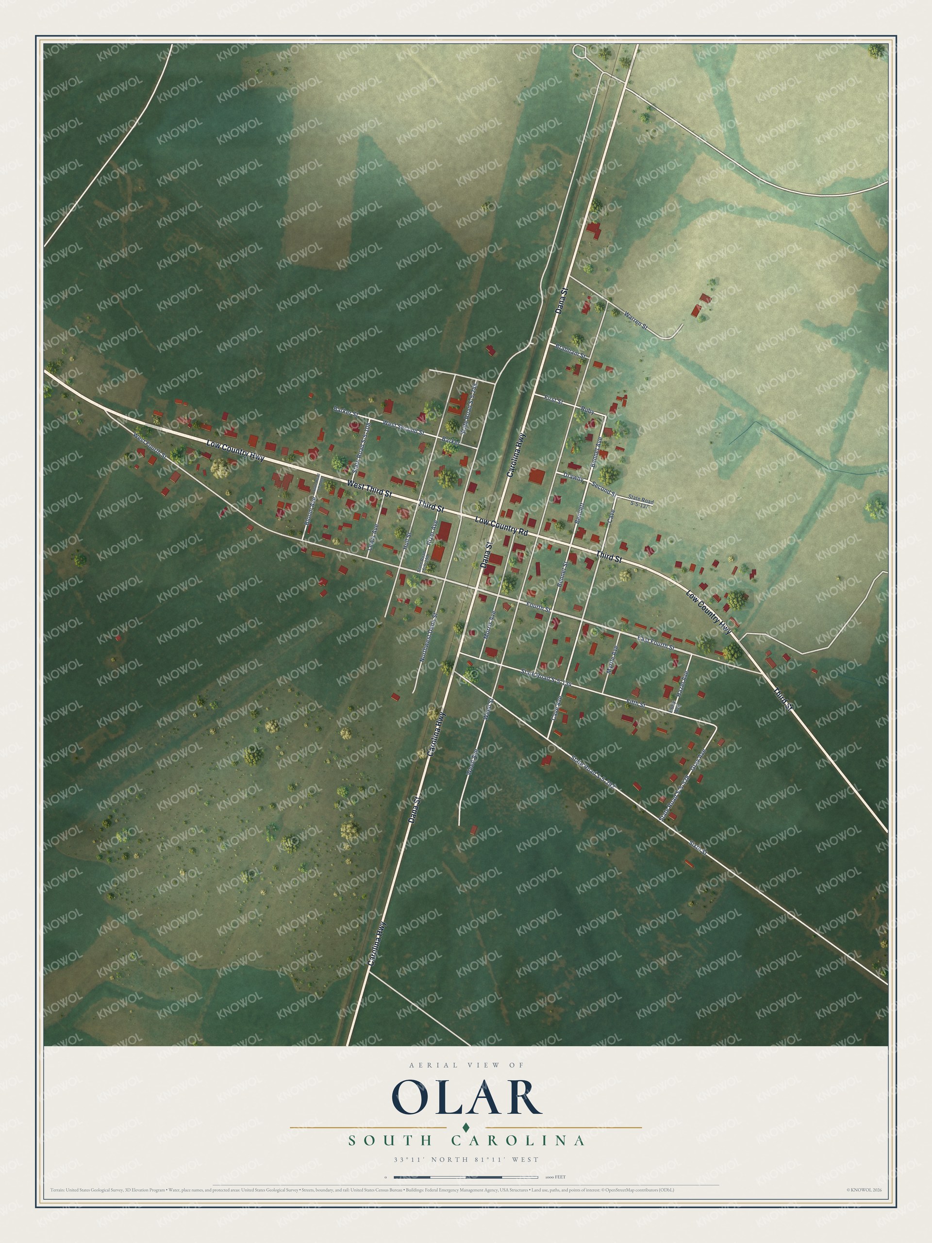 Full map of Olar, South Carolina, with red buildings, printed street names and the land around them