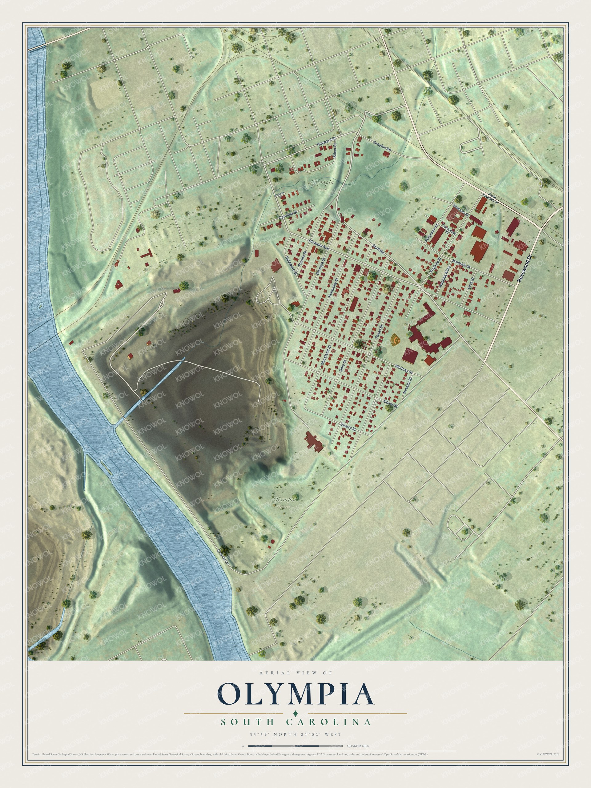 Full map of Olympia, South Carolina, with red buildings, printed street names and the land around them