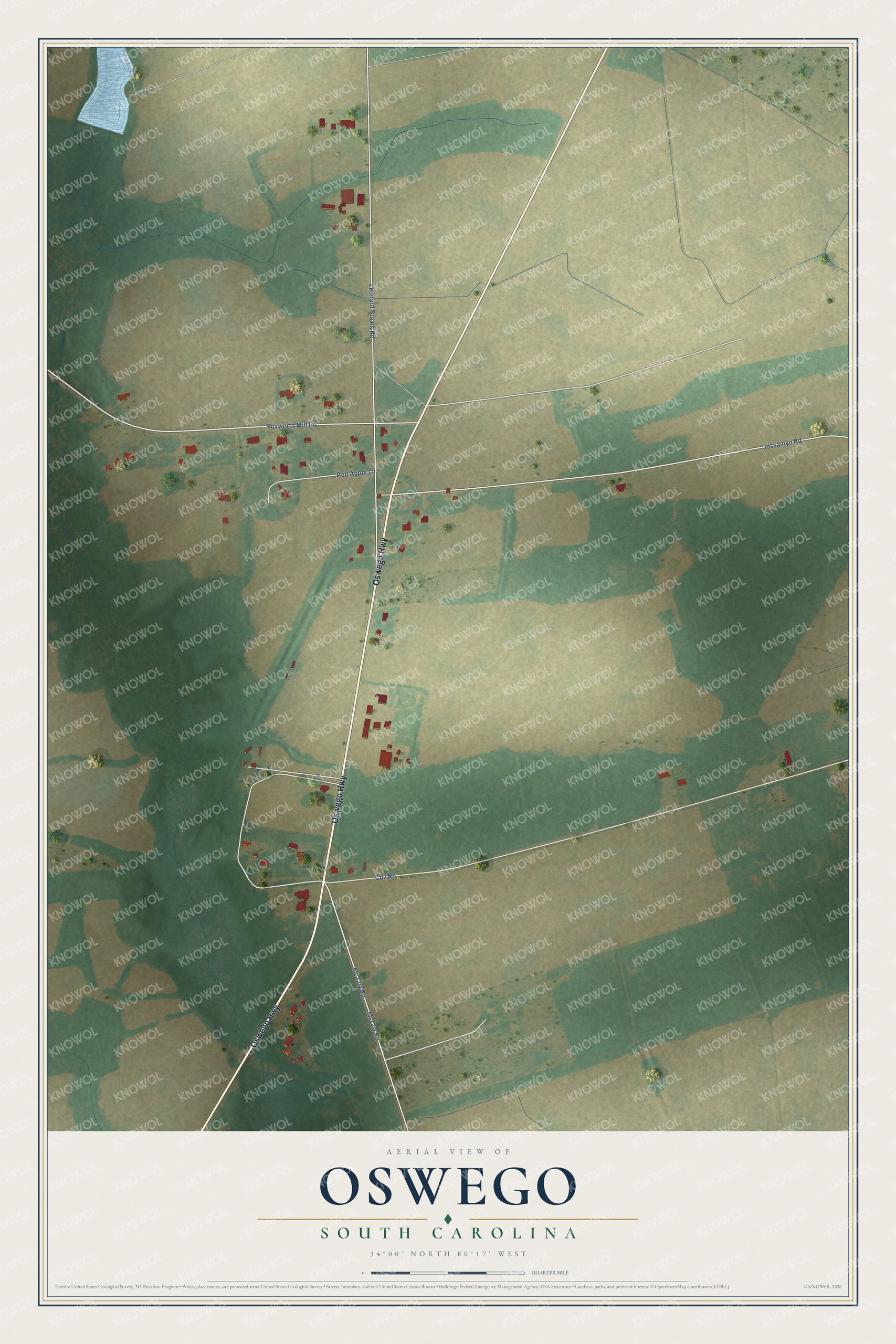 Full map of Oswego, South Carolina, with red buildings, printed street names and the land around them