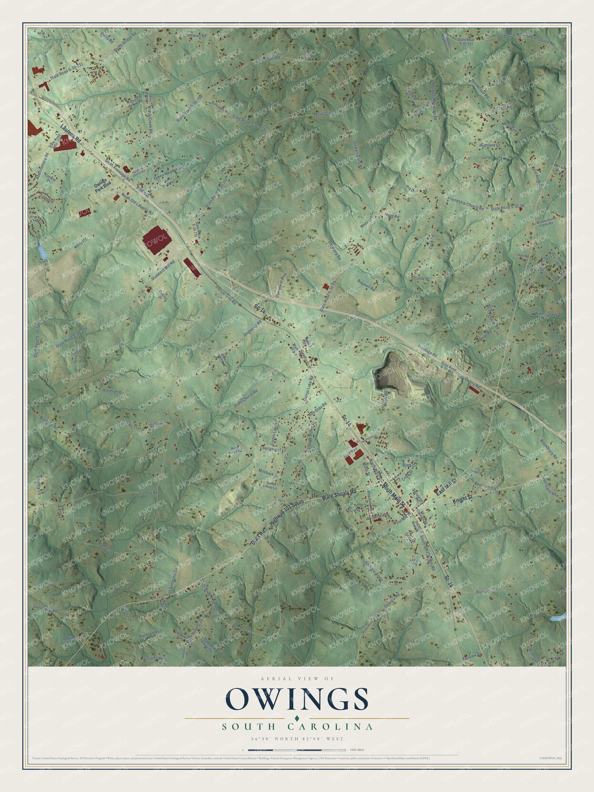 Full map of Owings, South Carolina, with red buildings, printed street names and the land around them