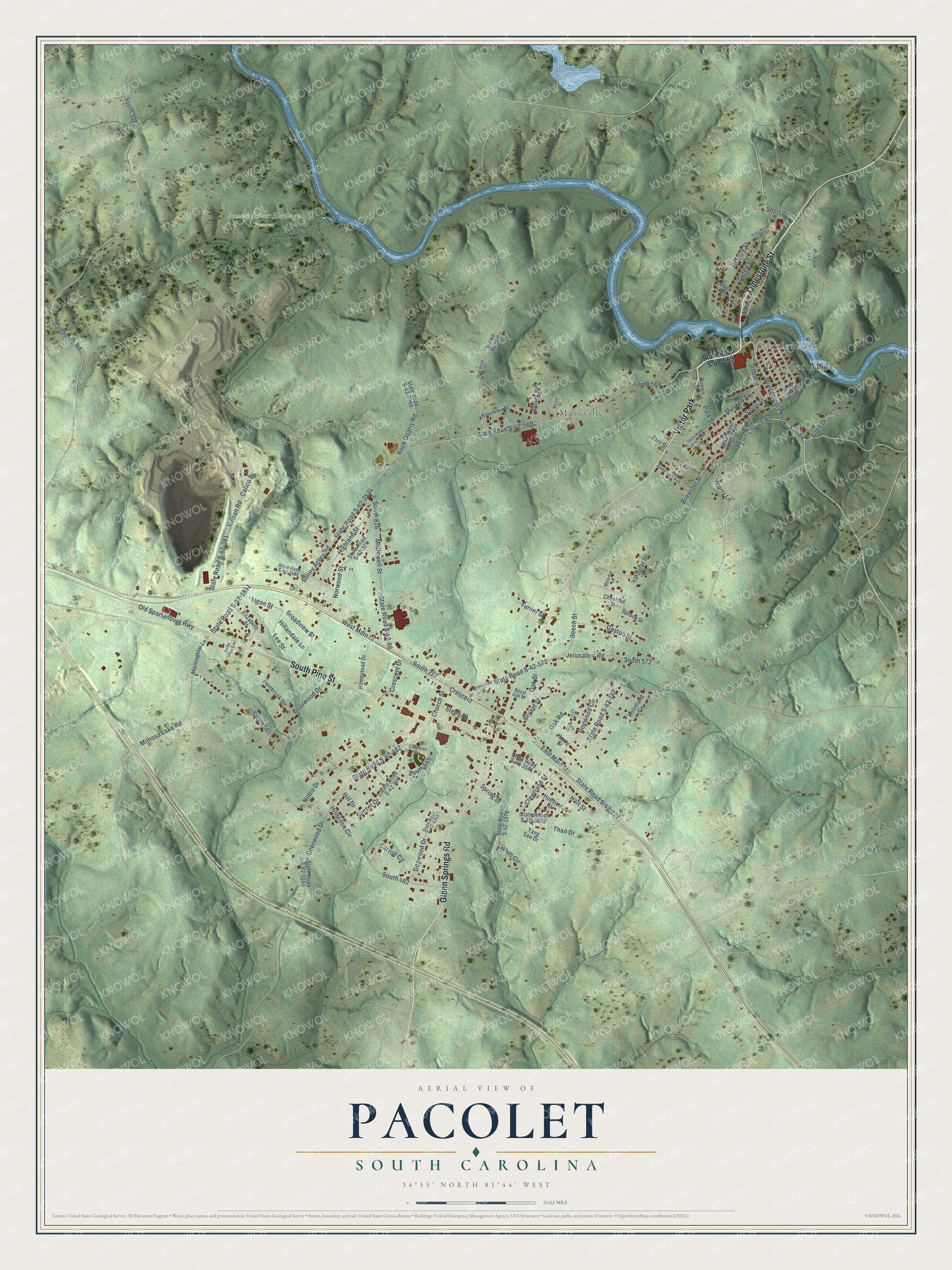 Full map of Pacolet, South Carolina, with red buildings, printed street names and the land around them