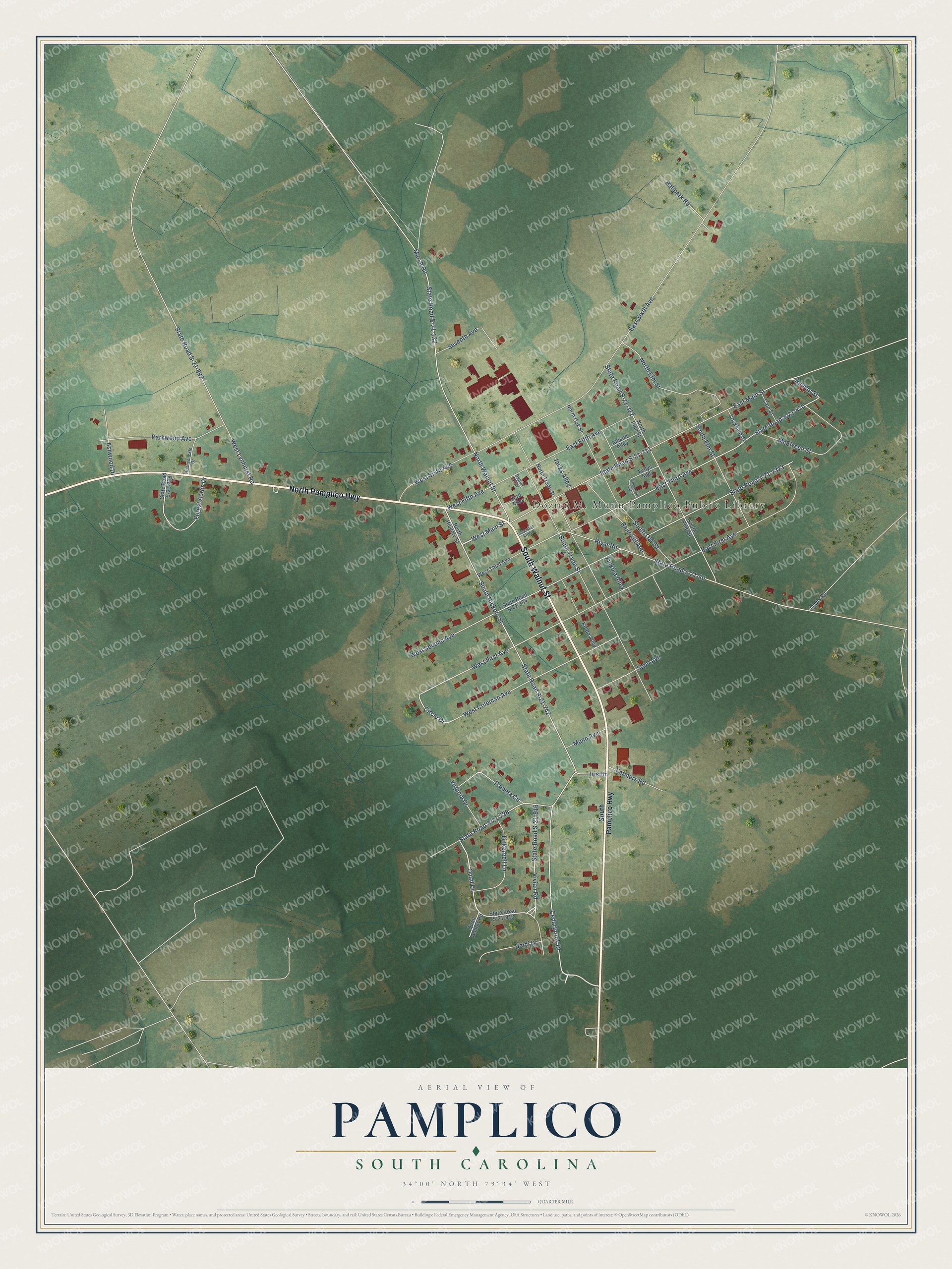 Full map of Pamplico, South Carolina, with red buildings, printed street names and the land around them