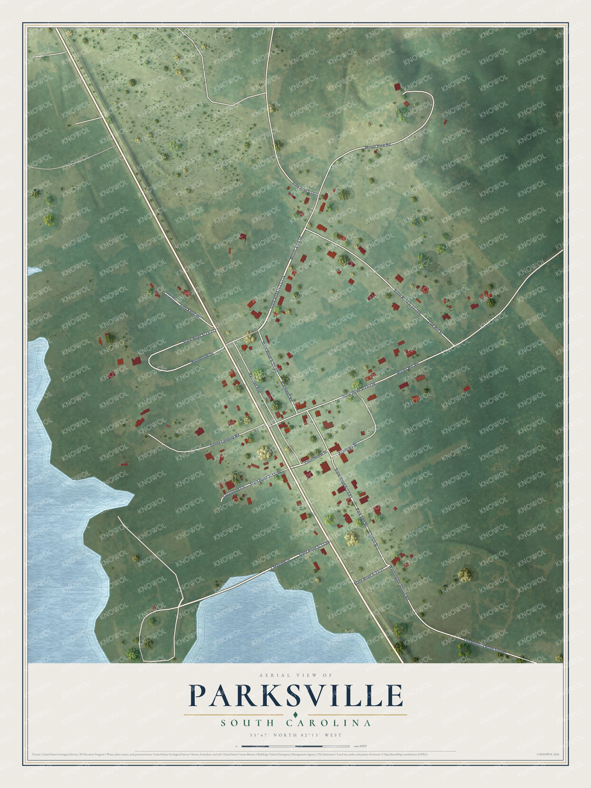 Full map of Parksville, South Carolina, with red buildings, printed street names and the land around them