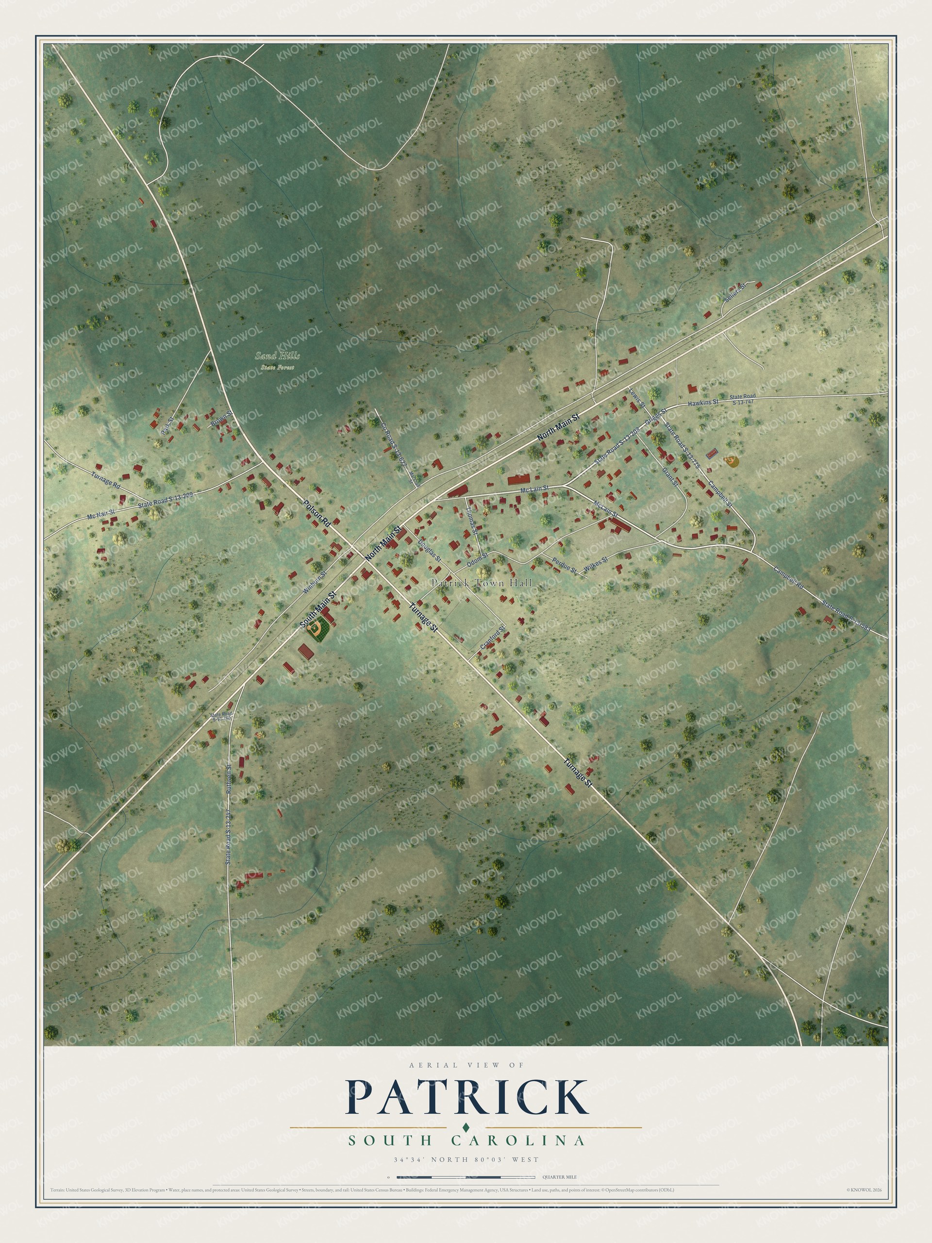Full map of Patrick, South Carolina, with red buildings, printed street names and the land around them
