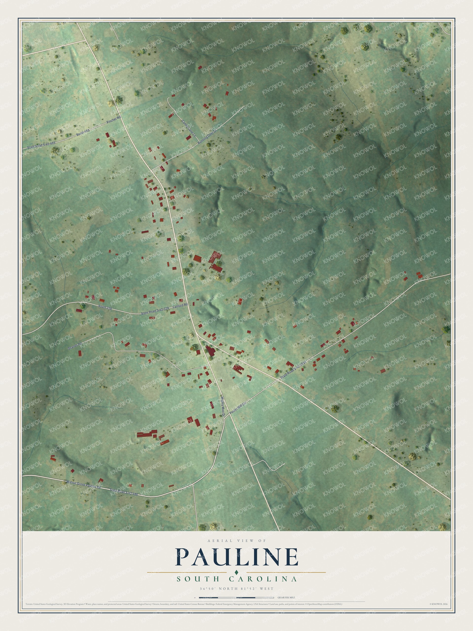 Full map of Pauline, South Carolina, with red buildings, printed street names and the land around them