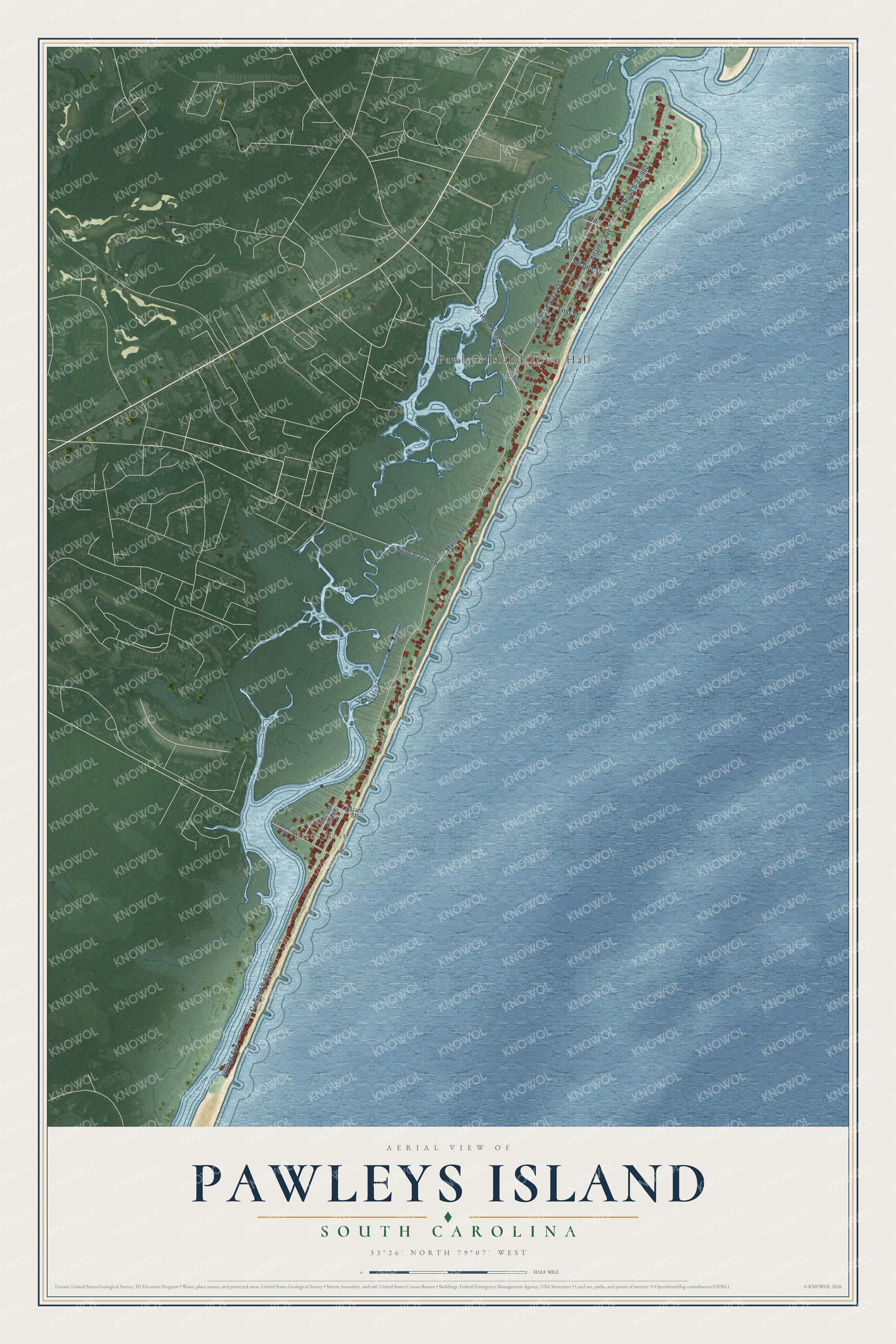 Full map of Pawleys Island, South Carolina, with red buildings, printed street names and the land around them
